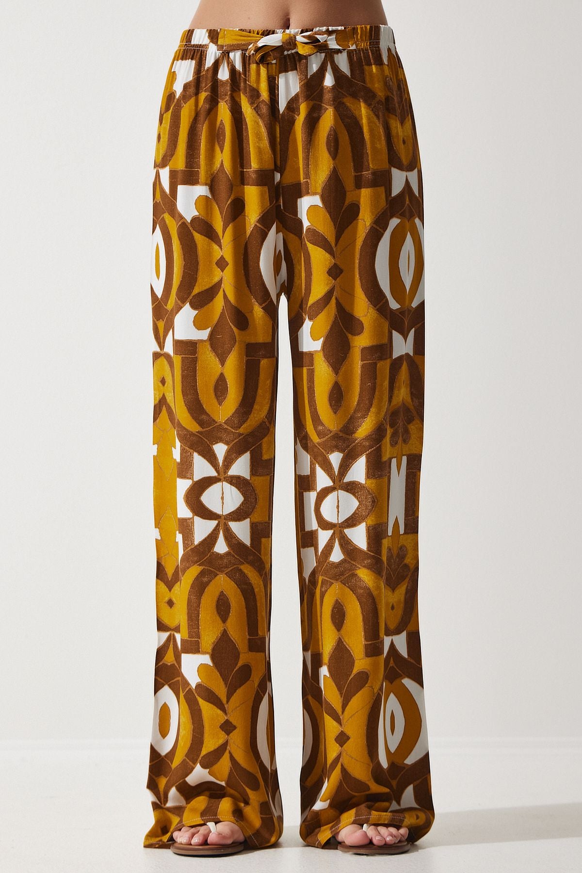 Female mustard patterned draped viscose palazzo pants EN00606