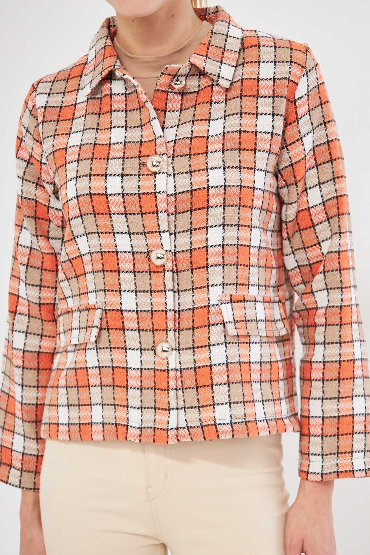 Women's Orange Patterned Pocket Cover Jacket ARM-25K001038