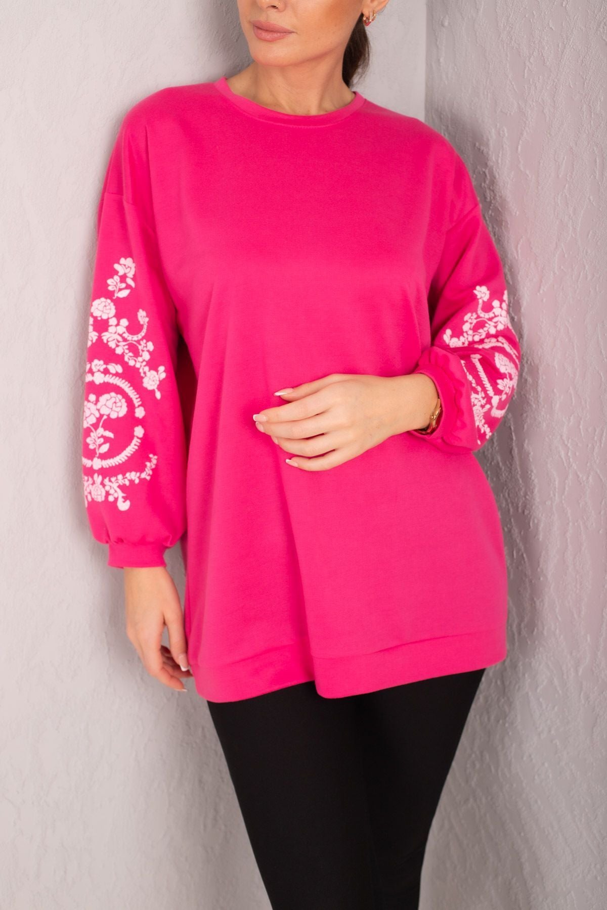 Women's Fuchsia round collar arm embossed Tunic ARM-21K024033