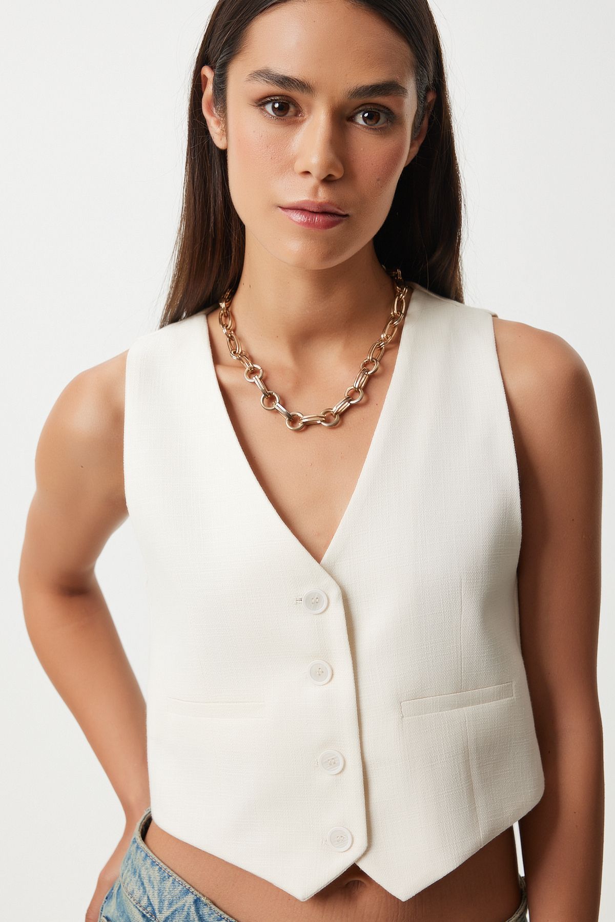 Woman White Linen Short Vest KT00011