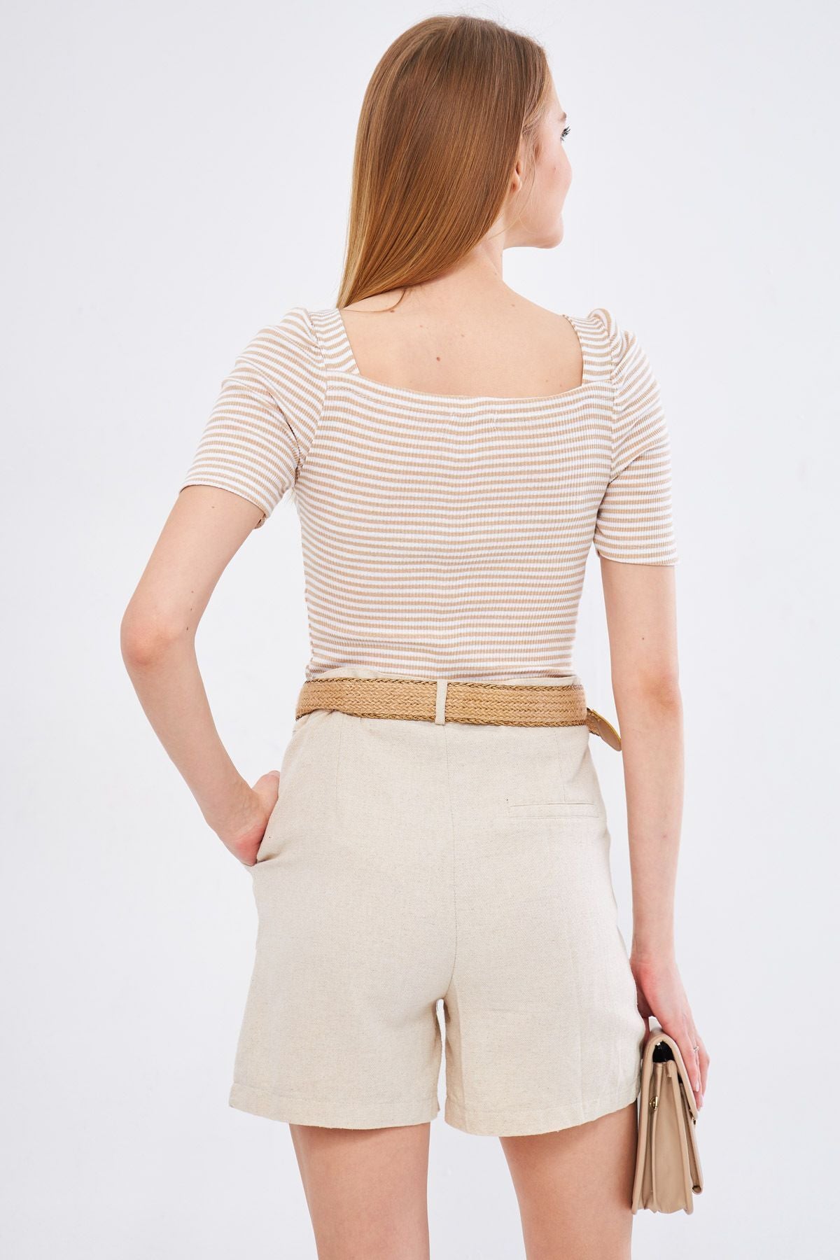 Female beige front back square collar watermelon arm striped blouse ARM-24Y133009
