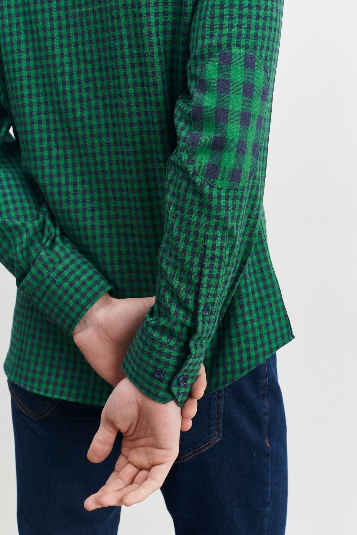 Men's green-lacivert slim fit narrow cut buttoned collar pötikareli flannel shirt