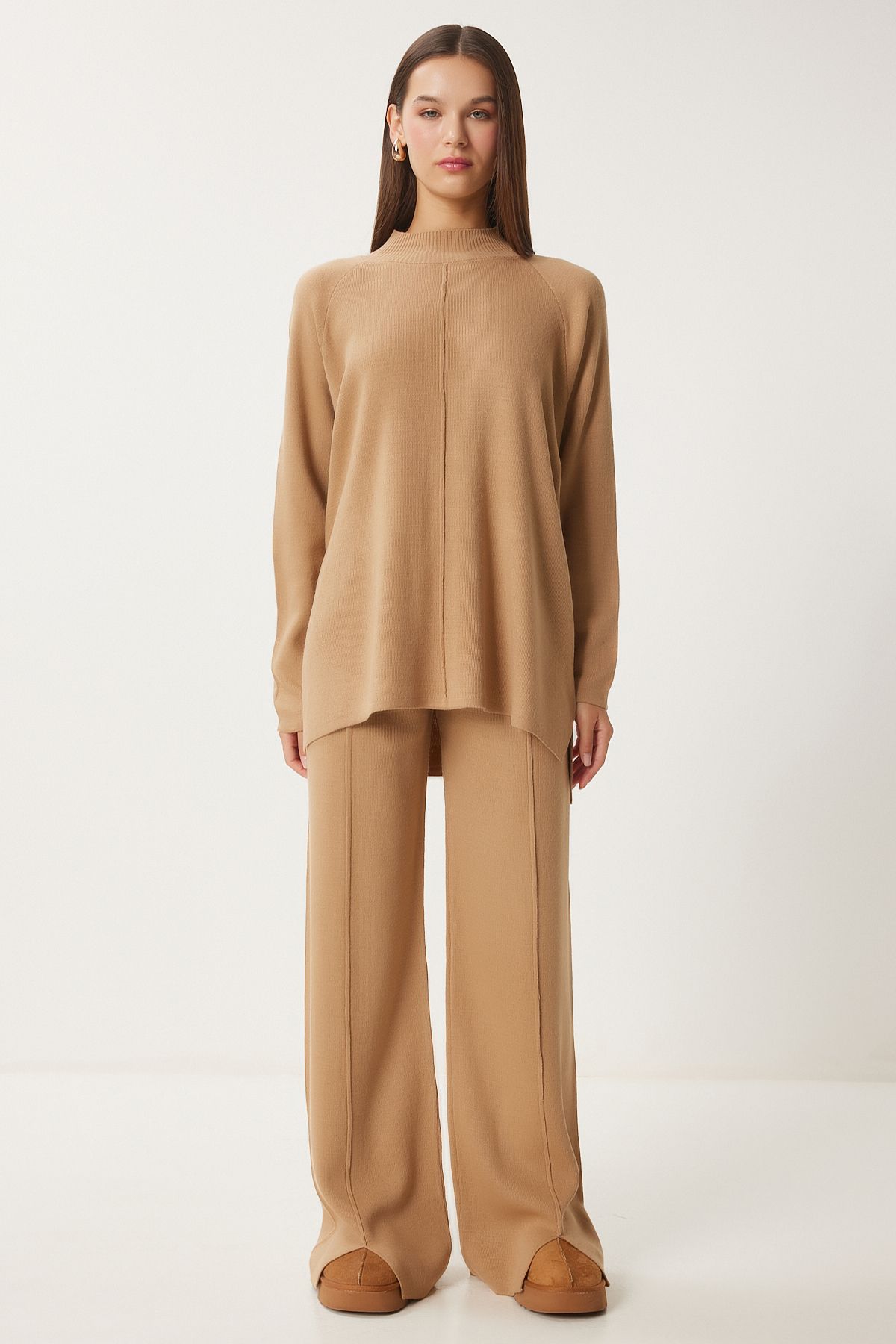 Female mink color stylish knitwear sweater pants set