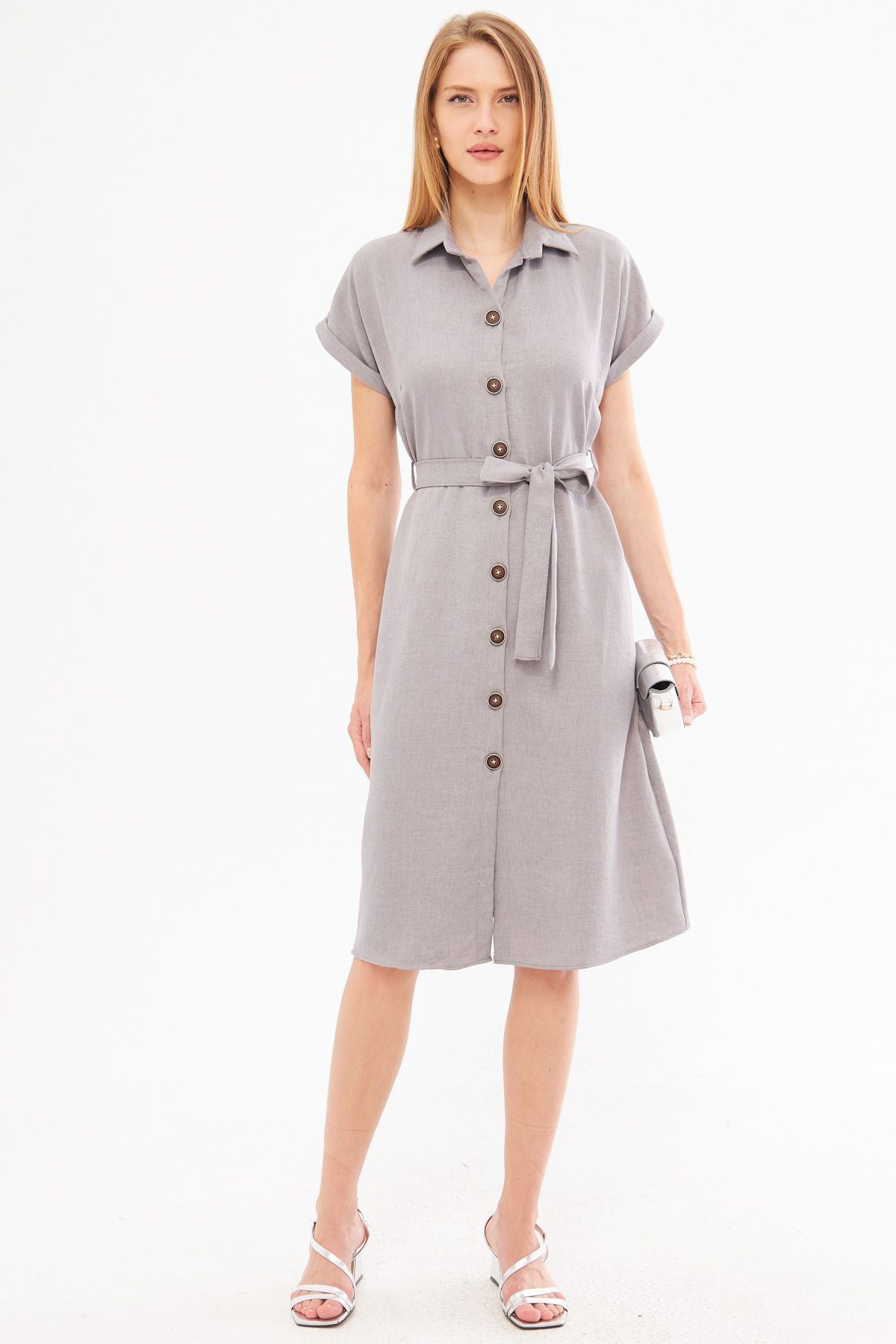 Woman Gray Linen-Looking Waist Belt Short Sleeve Shirt Dress ARM-24Y001084