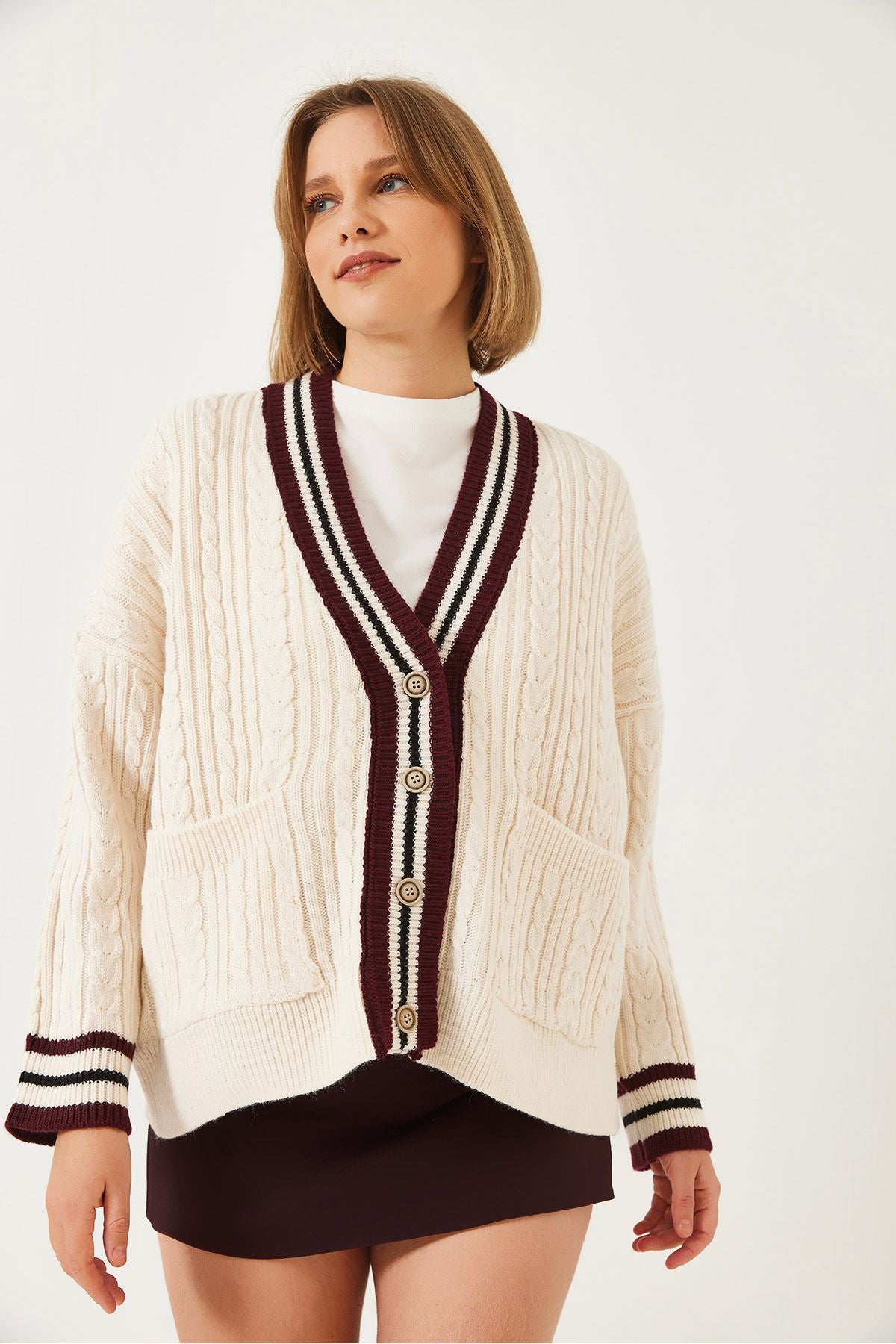 Female colored collar pocket knitwear cardigan 241130 60261324