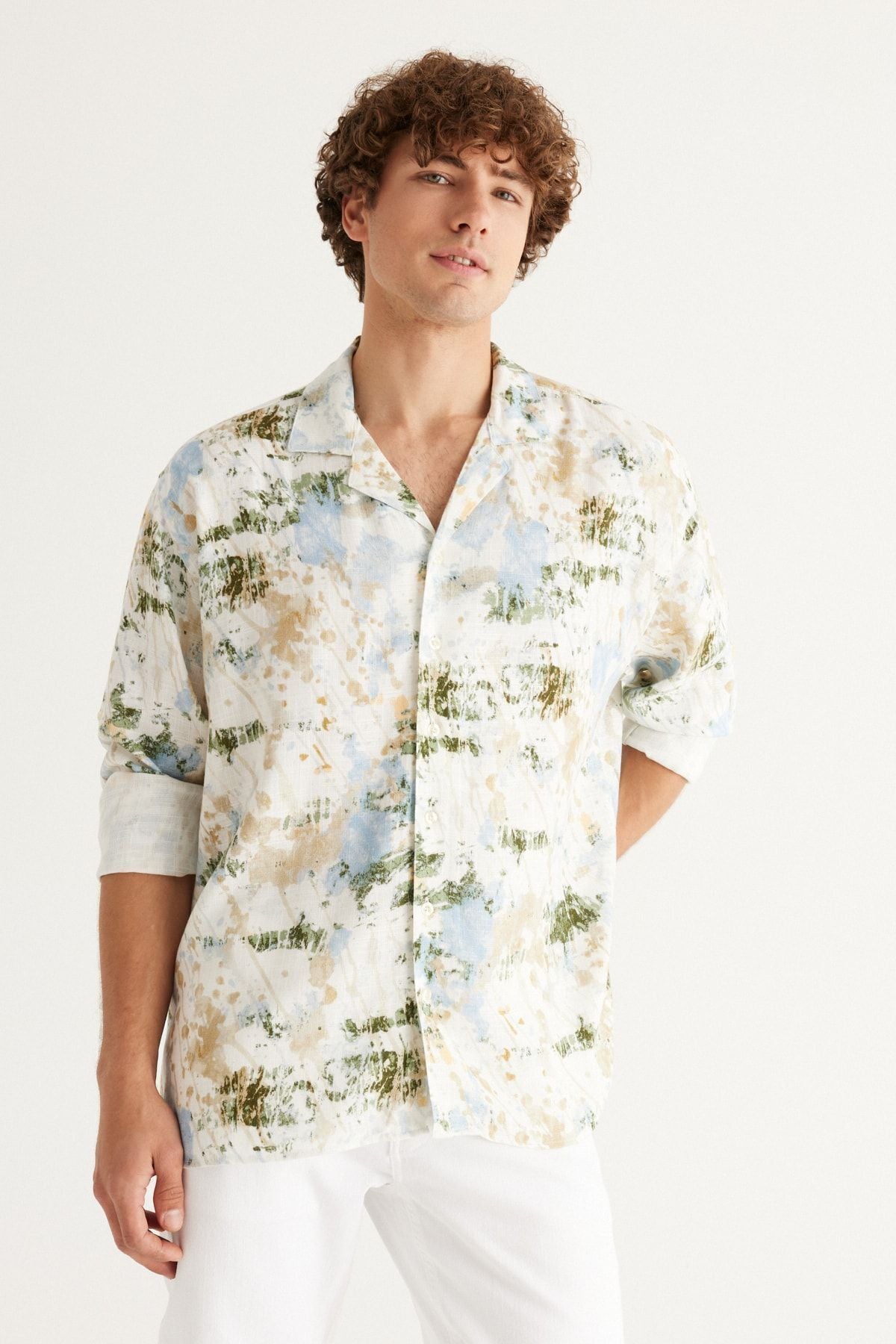 Men's Ecru-Blue Linen Oversize plenty of cut Cuba collar printed shirt