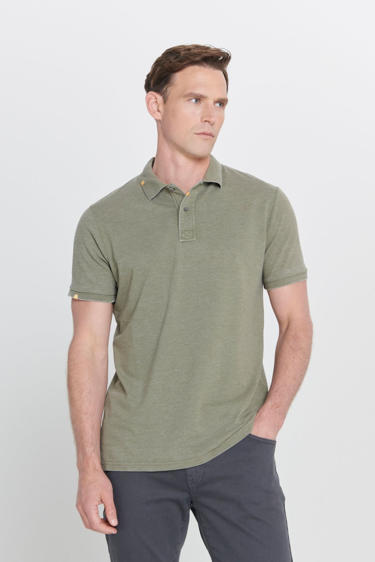 Men's Khaki Slim Fit Narrow Cut Cotton Embroidery Detailed Polo Yaka T -shirt