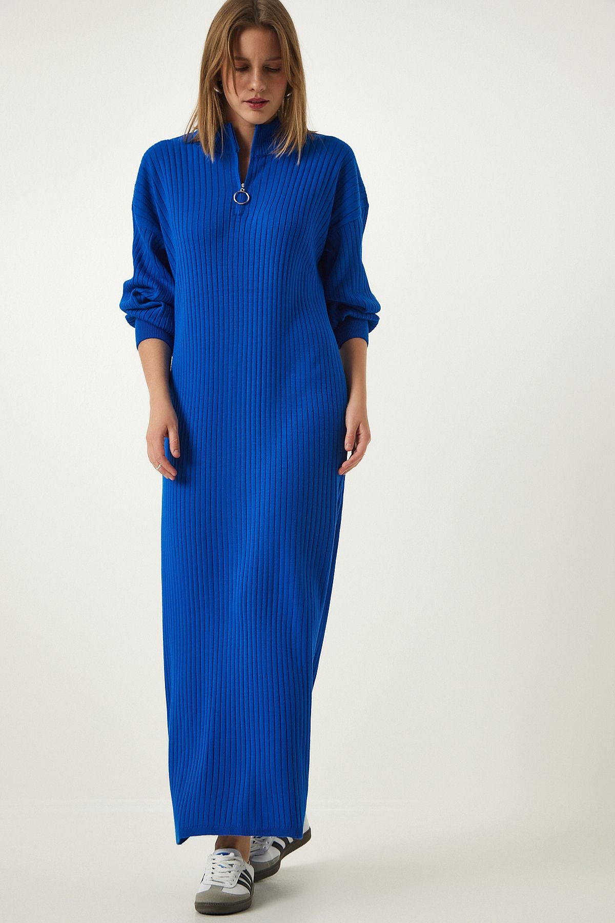 Women's Blue Zippered collar wick long knitwear dress DD01295