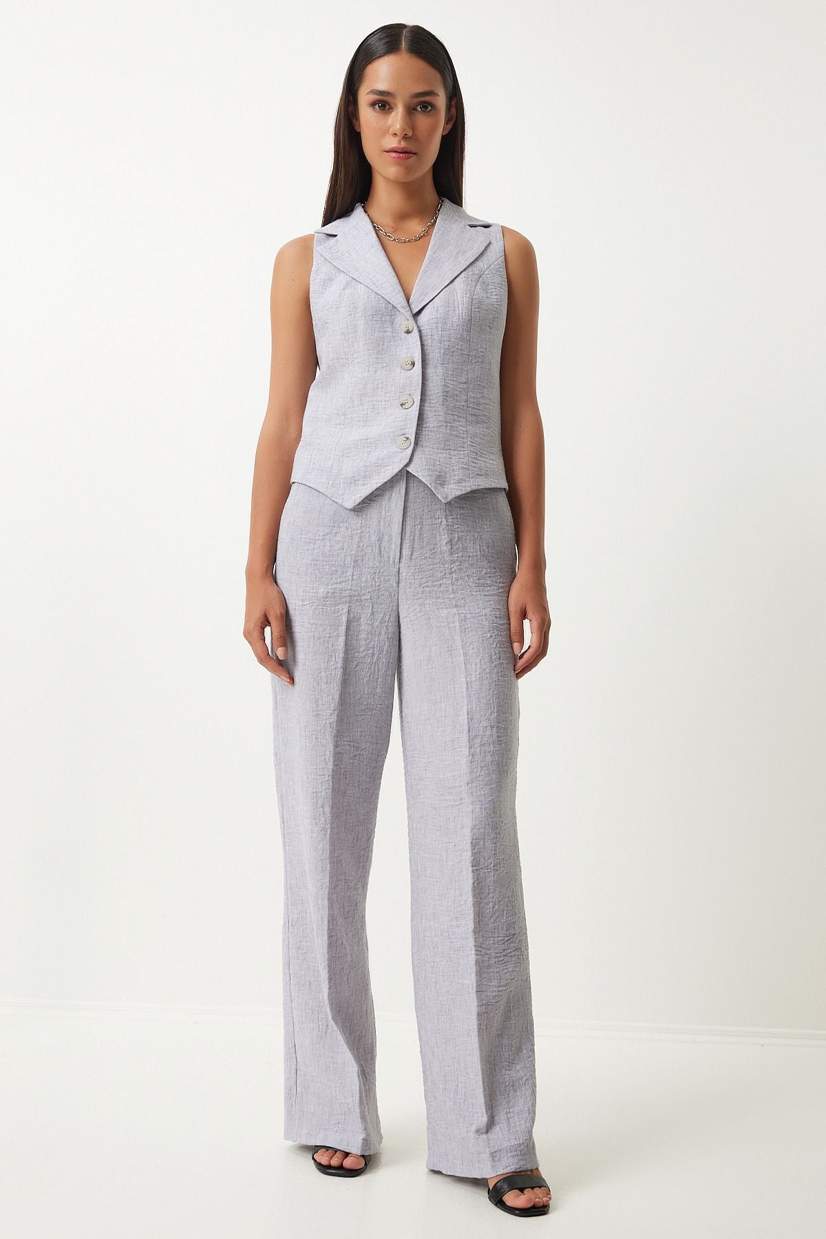 Women's Gray Shawl Yaka Vest Pants Set FN03231