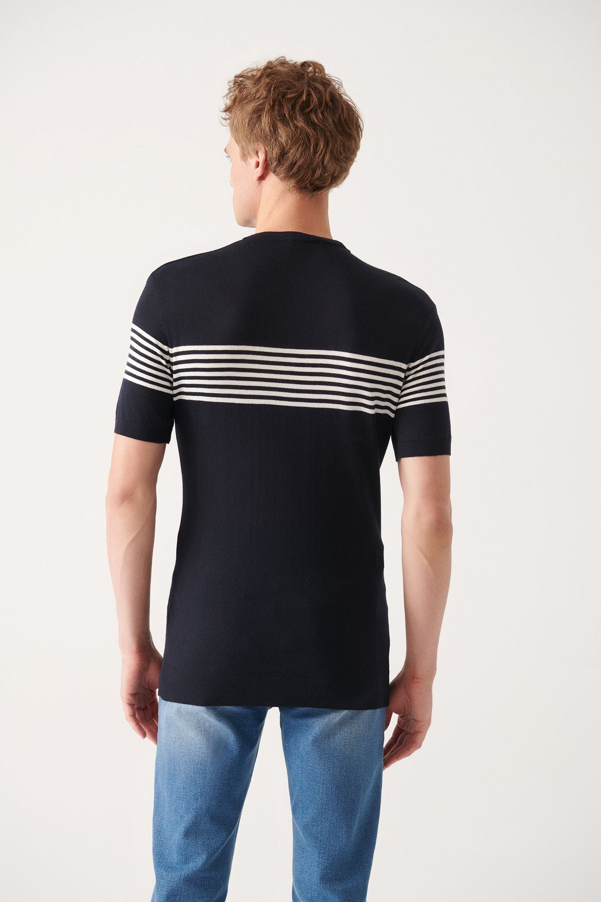 Men's navy blue bike collar breast and arm line detailed knitwear T-shirt A31y5116