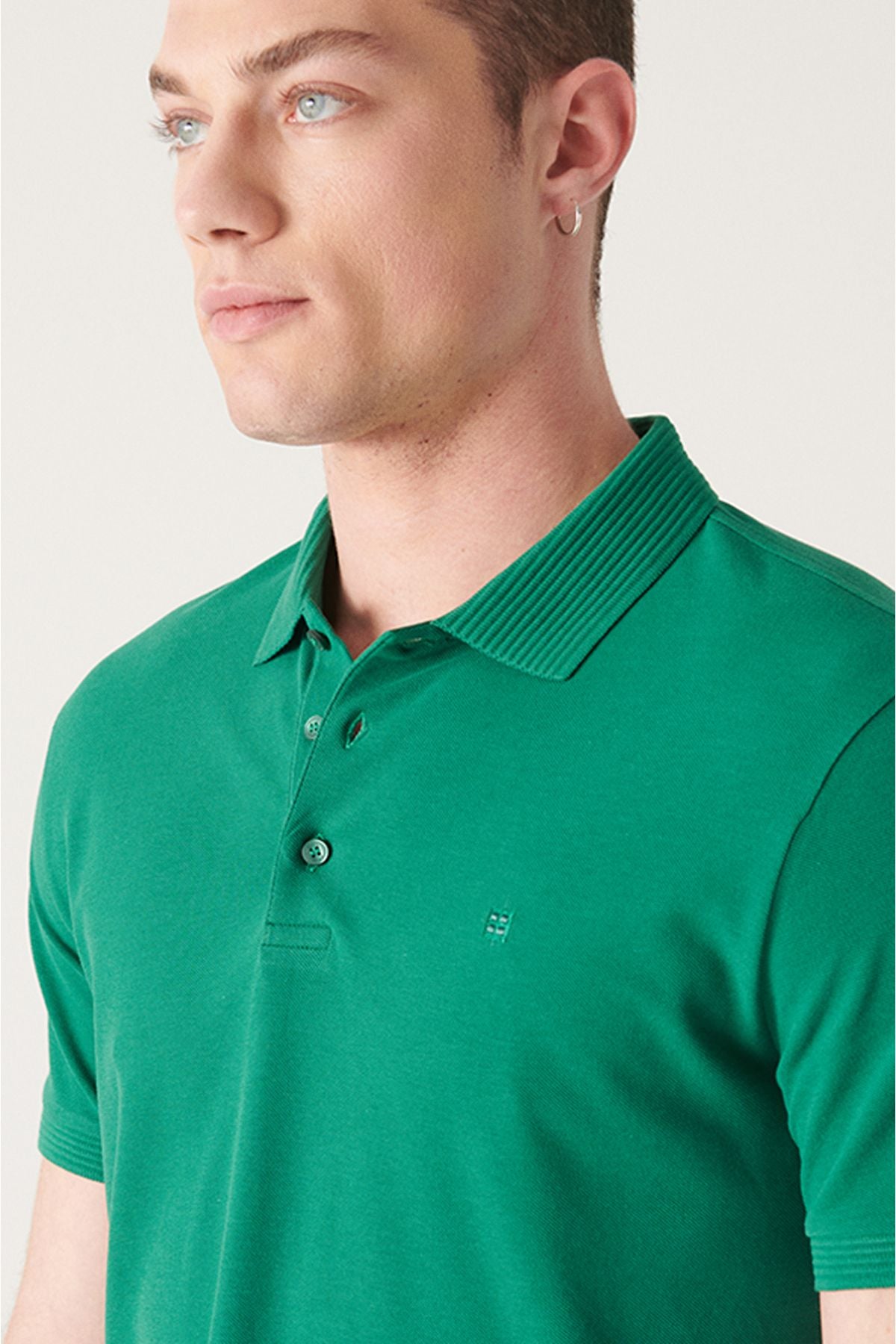 Men's green 3 button 100 %corn cotton Polo Yaka T-shirt B001027
