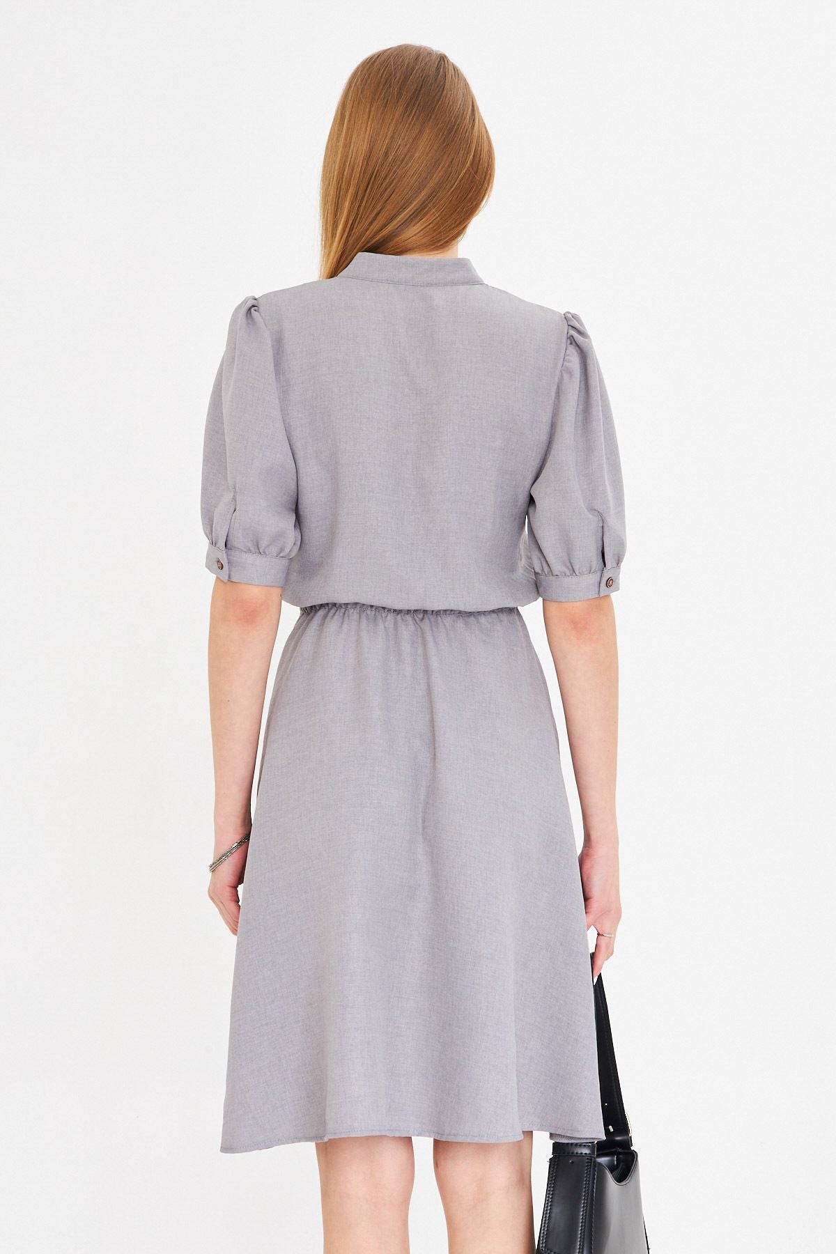 Woman Gray V-Yaka Waist Waist Tire Short Sleeve Clash Dress ARM-25Y001001