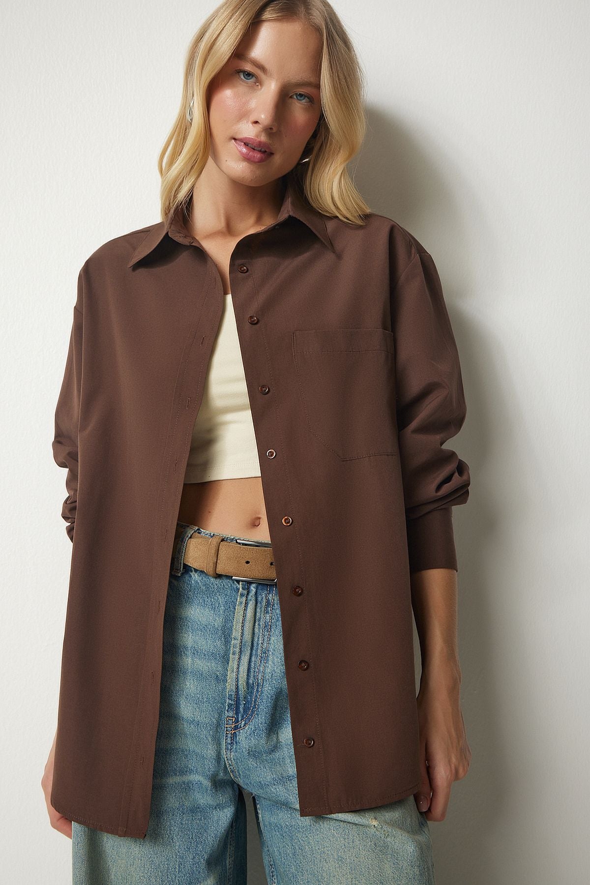 Female Brown Single Pocket Boyfriend Poplin Shirt CY00014