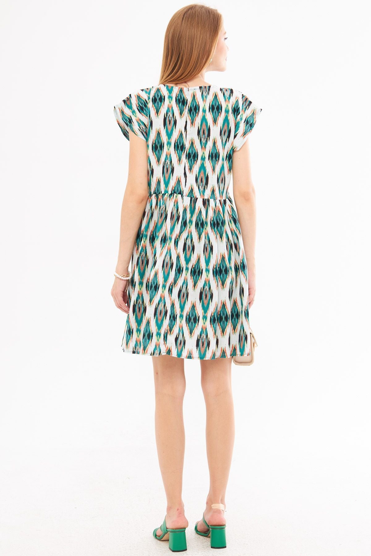 Female Green Ethnic Patterned Waist Shirred Mini Dress ARM-24Y001082