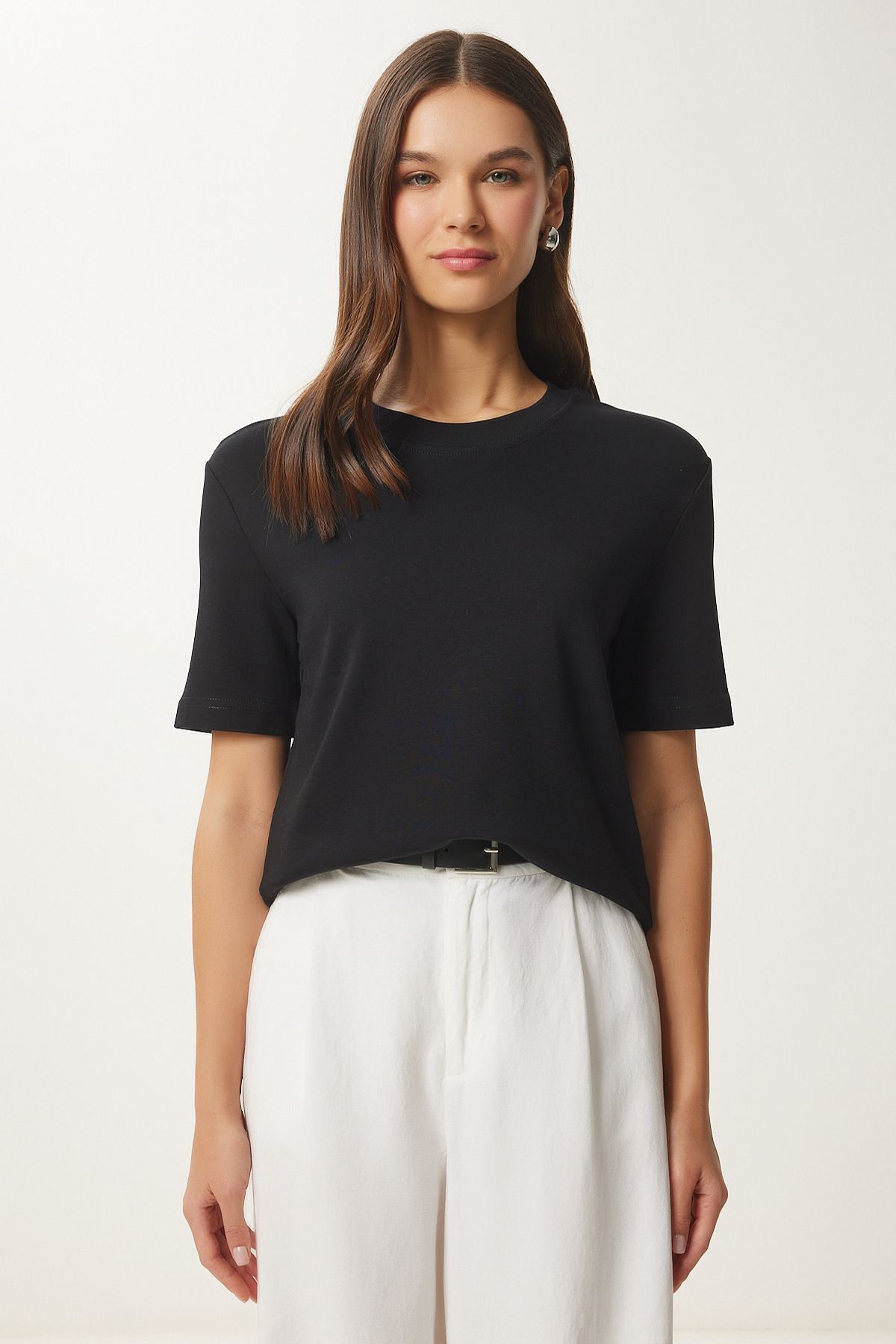Woman Black Cotton Basic Knitting T-Shirt AG00001