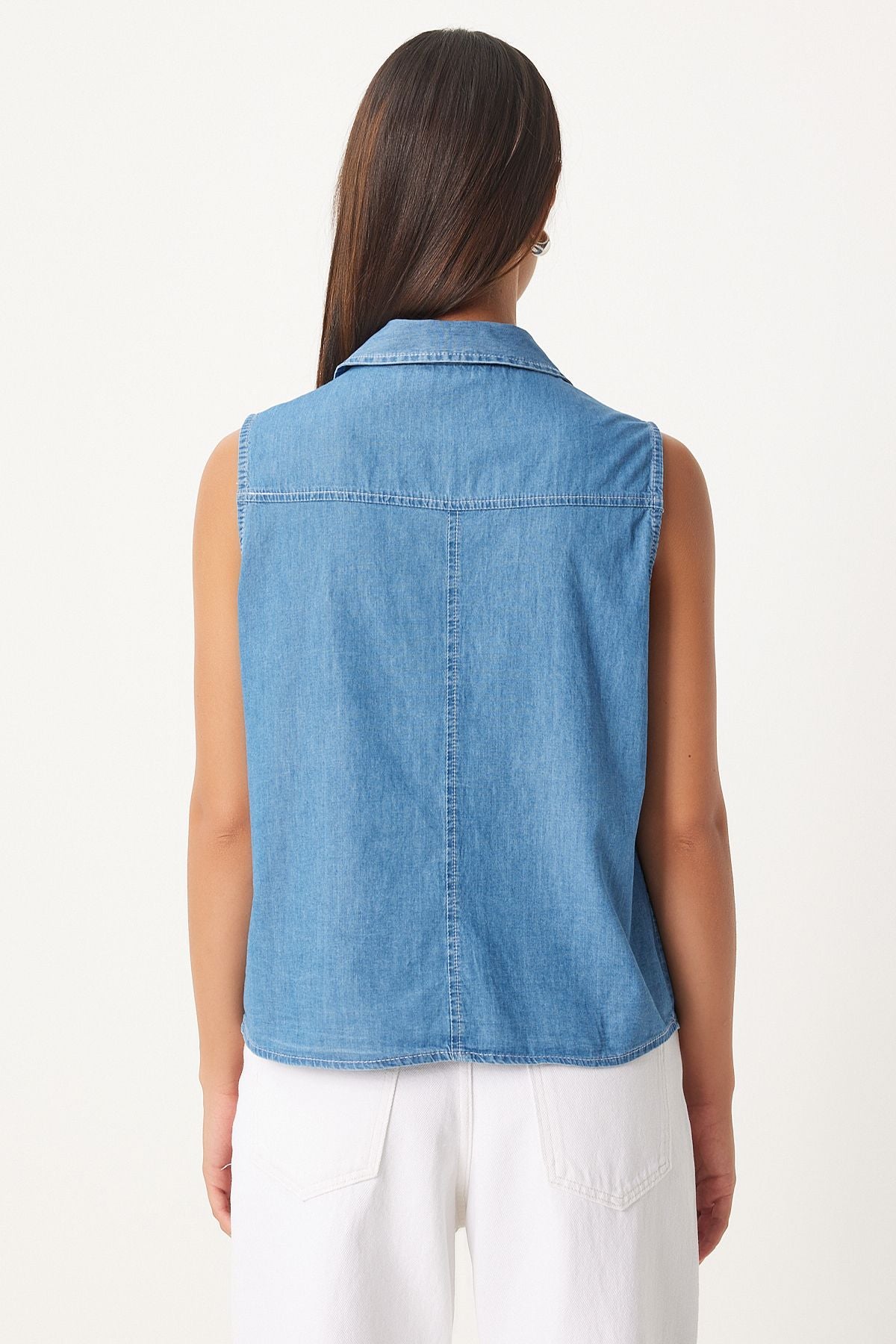 Women's Blue Pocket Cover Denim Vest DD01332