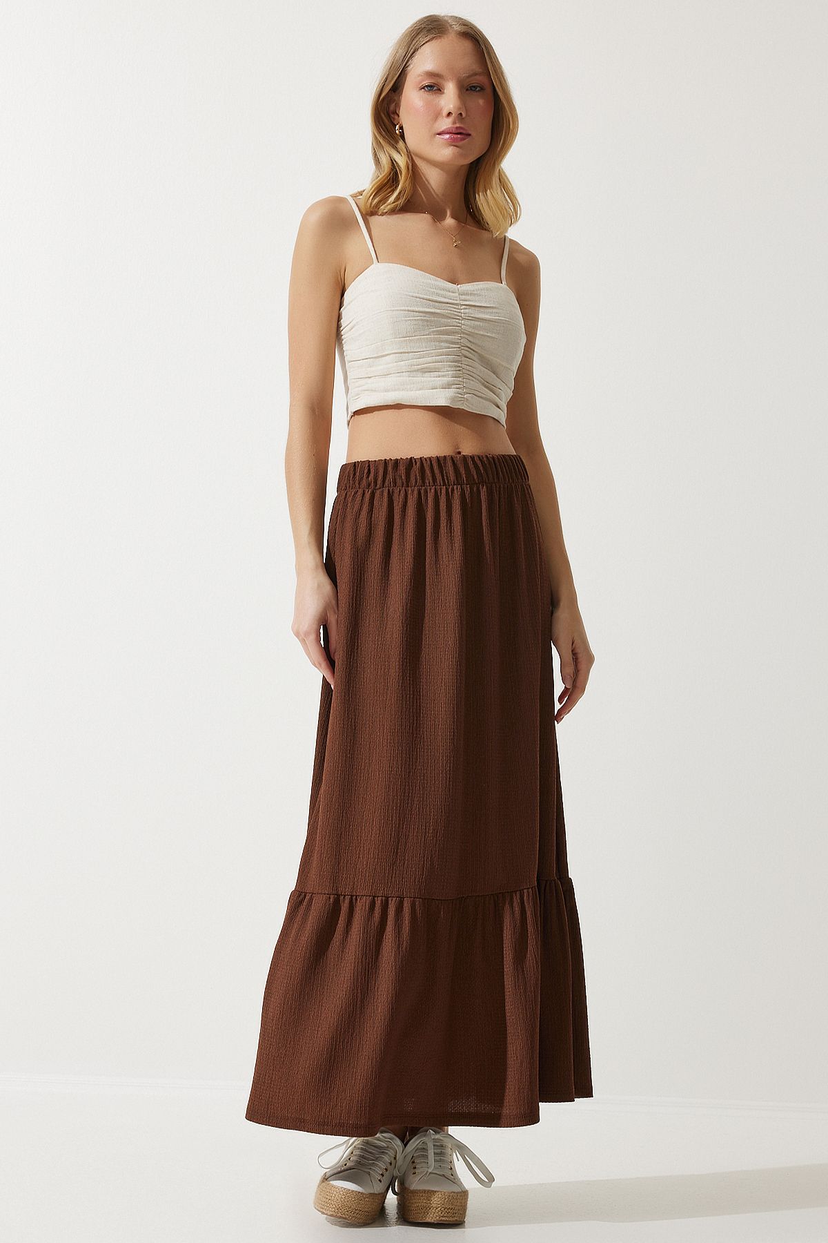Female brown flywheel summer midi skirt DD01231