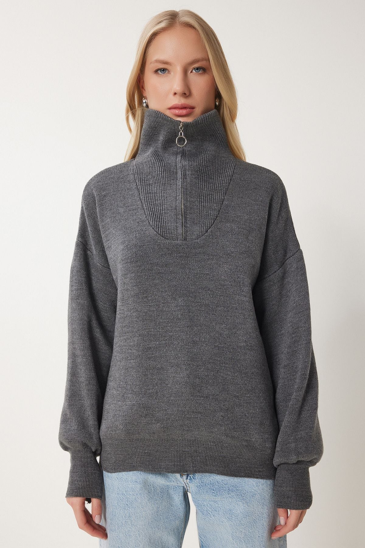 Female anthracite zipper collar Basic knitwear sweater pf00007