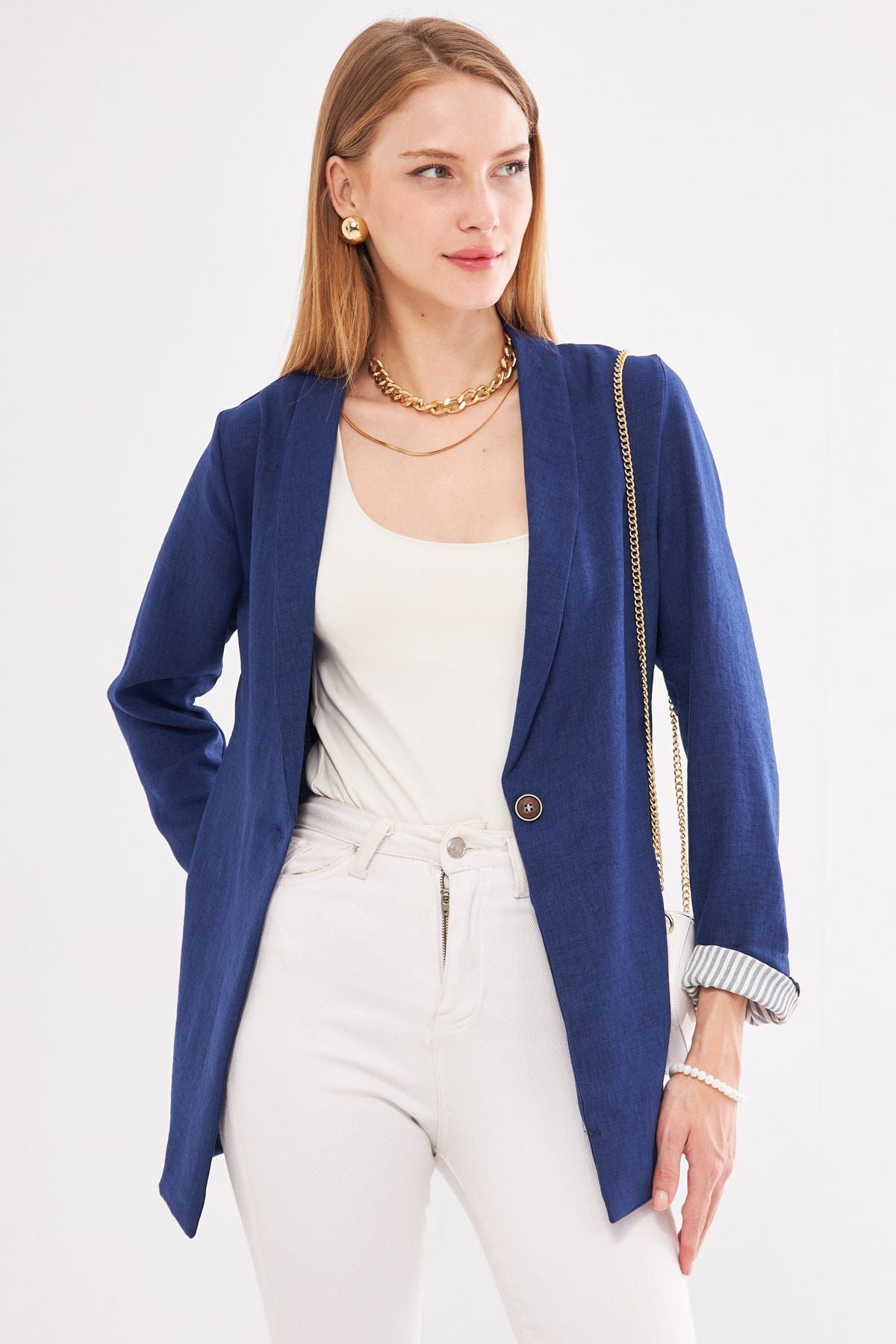 Woman Navy blue sleeve in intravenous striped single button jacket ARM-22K001122