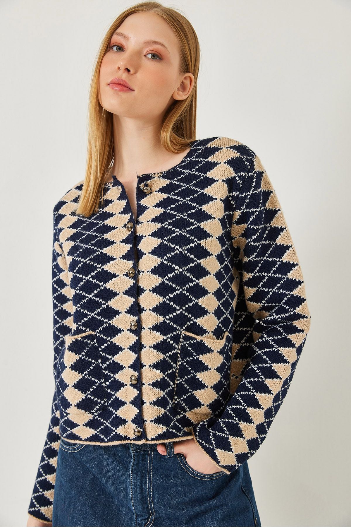 Women's side baklava patterned knitwear cardigan 241139 60261289