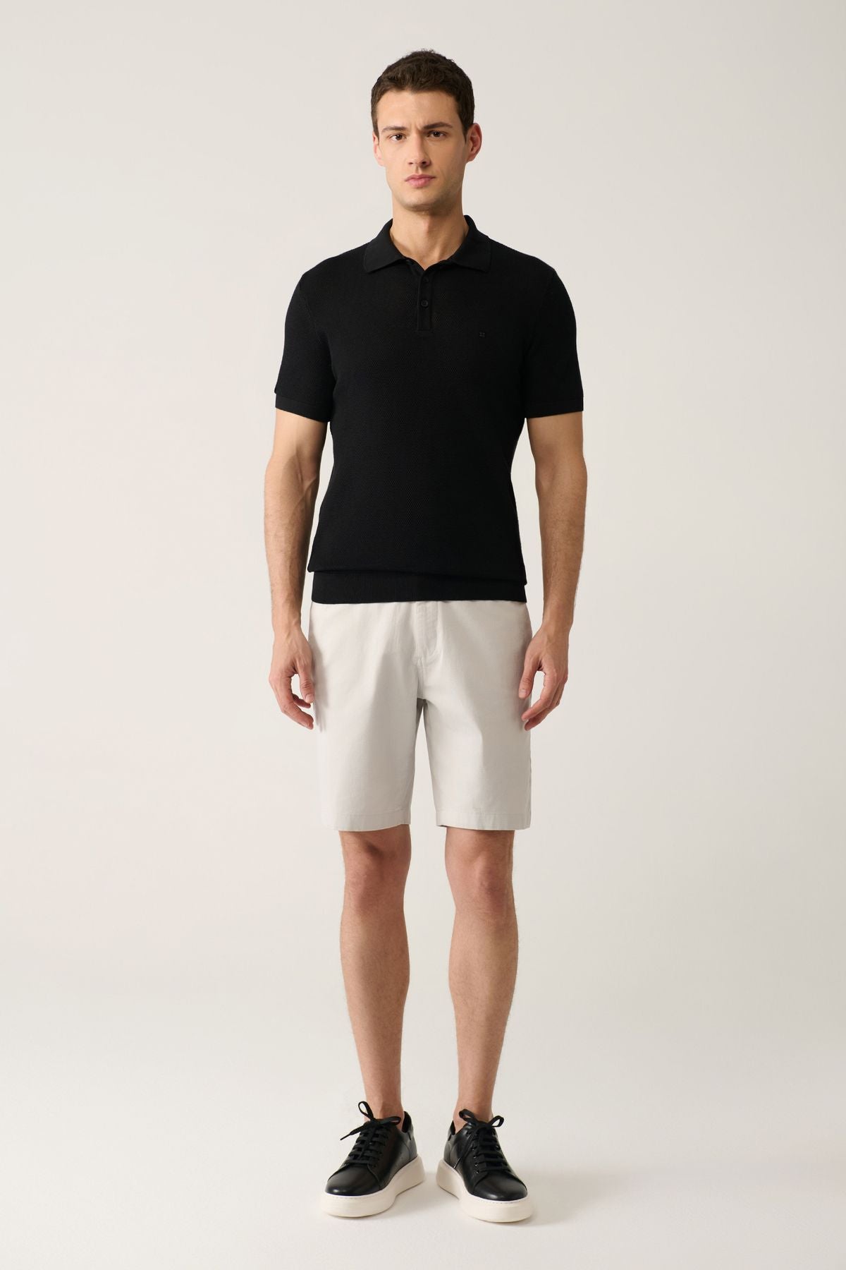 Men's black 3 button textured riban Polo Yaka Triko T-Shirt B005009
