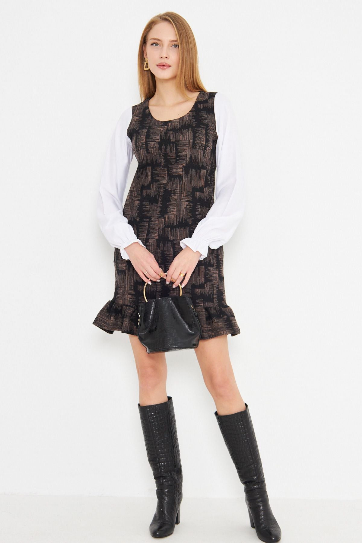Female mink u collar skirt ruffle detailed long arm pocket dress ARM-25K001052