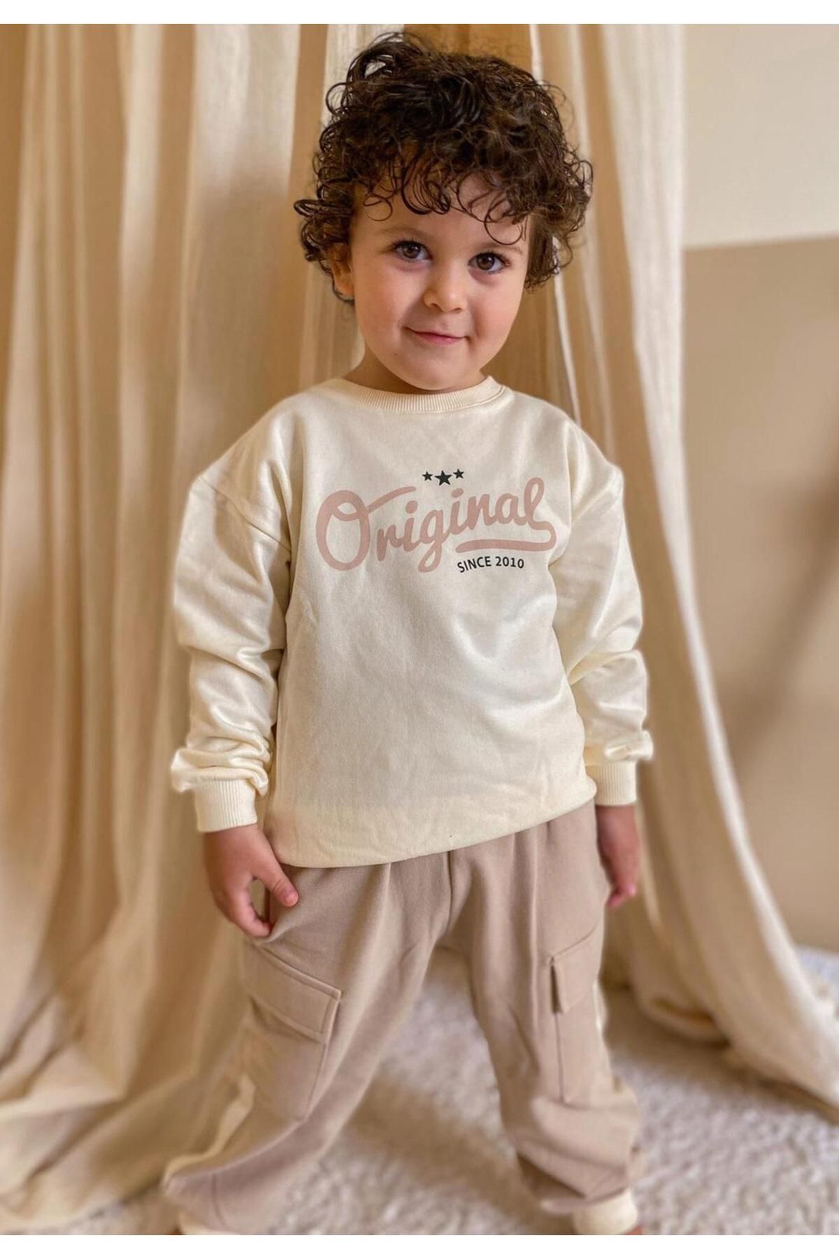 Original Printed Cargo Pants Sweatshirt Set 2-10 Age Ecru