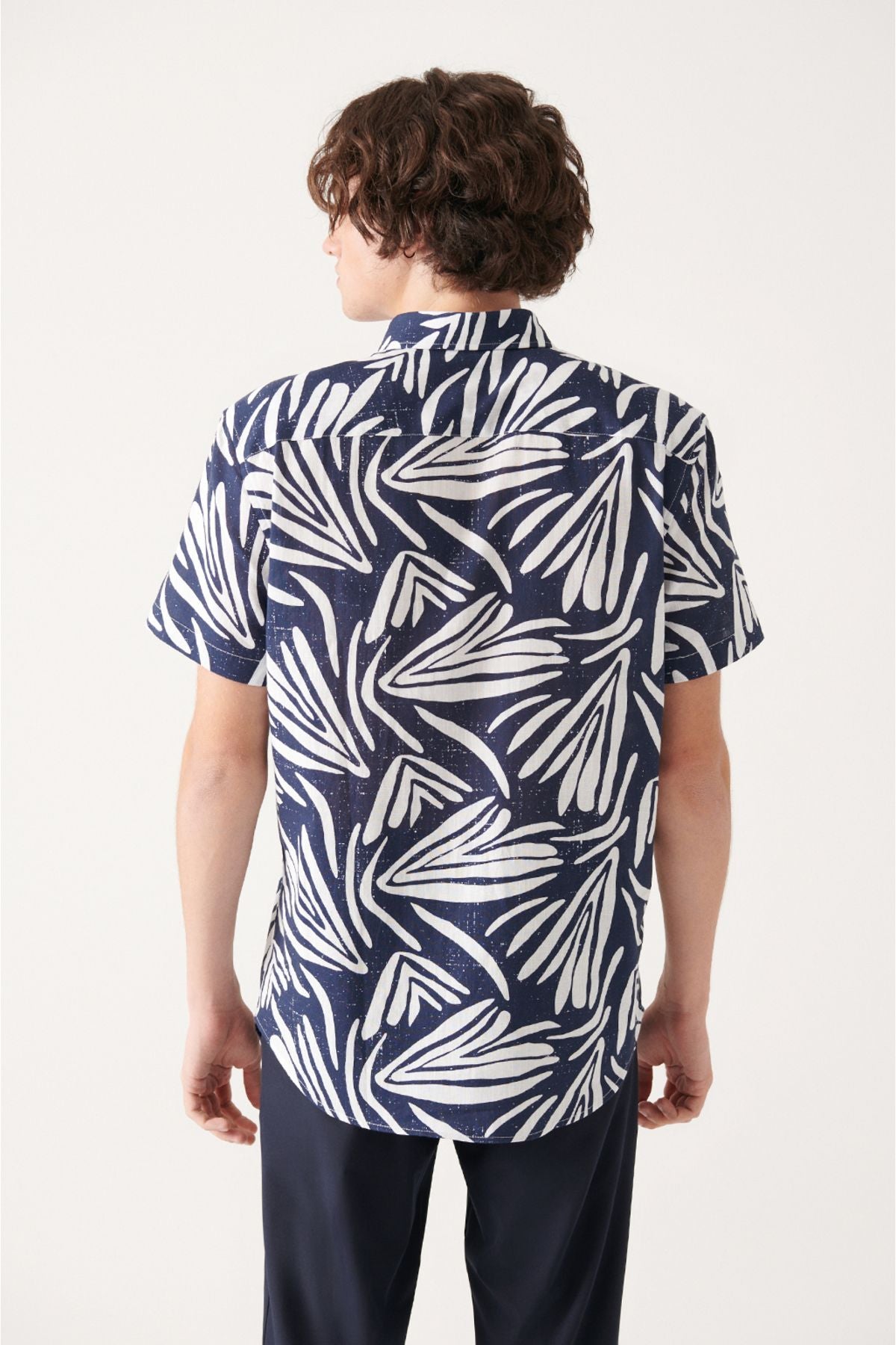 Men's Navy Blue 100 %Cotton Printed Short Sleeve Shirt A31y2240