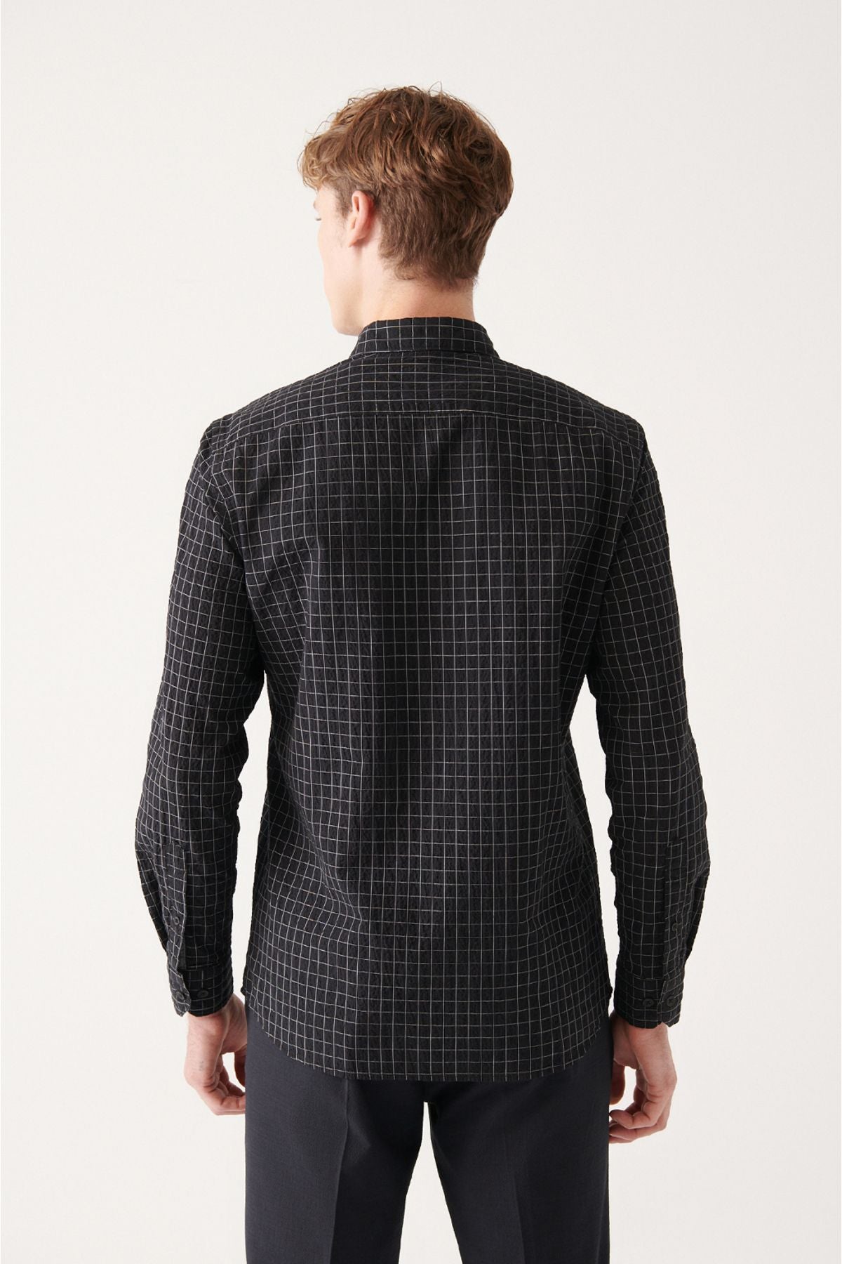 Men's Black Seersucker Cotton Plaid Patterned Shirt A31y2214