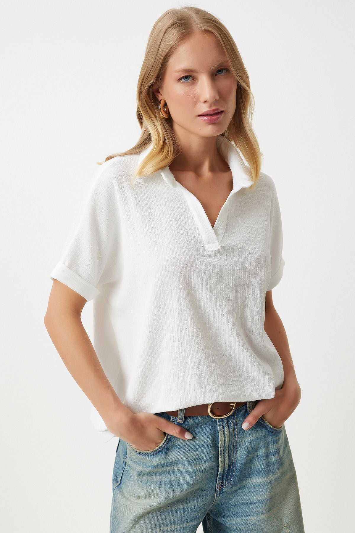 Woman Ekru Polo Yaka Knitting Krinkıl Blouse DD01299