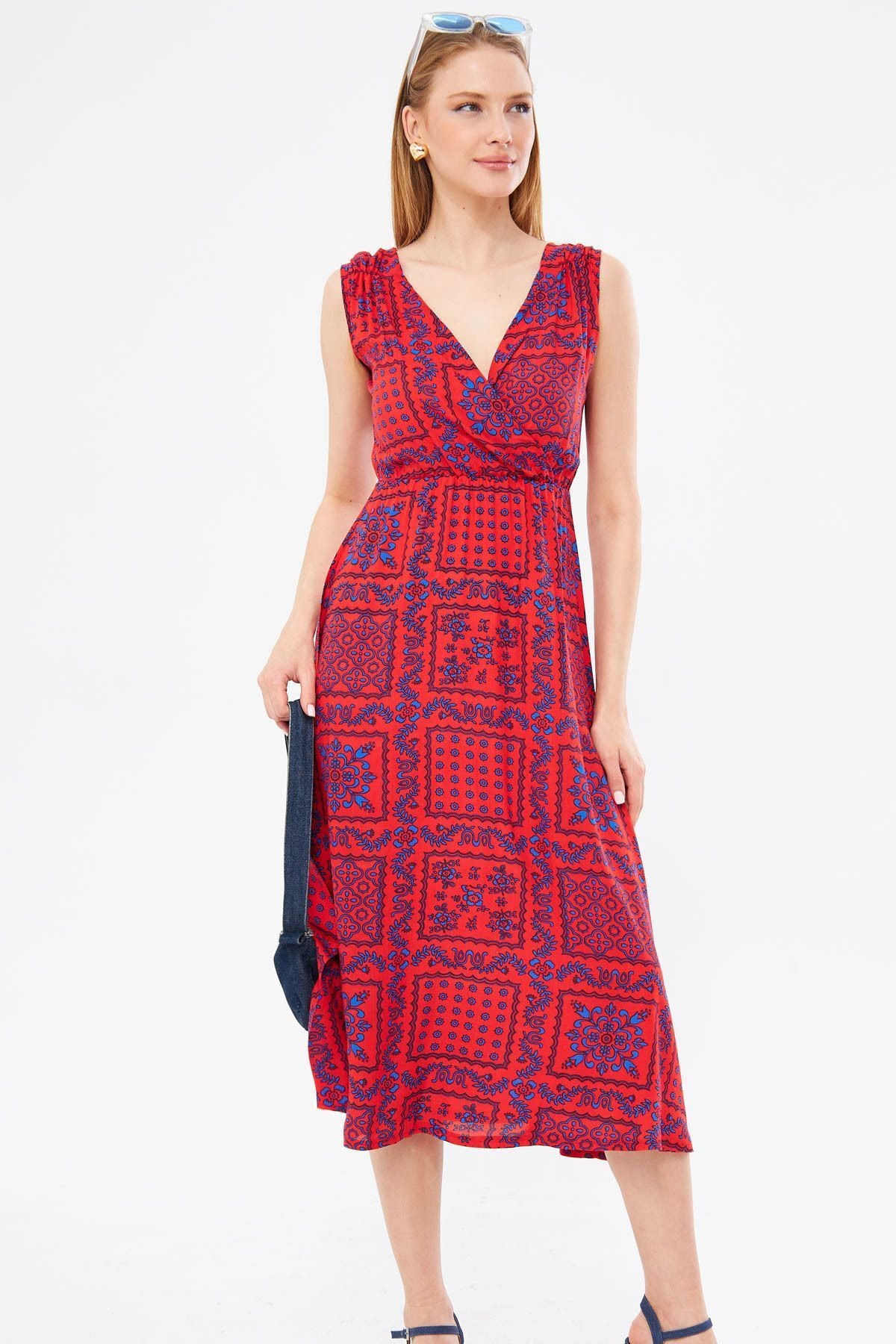 Female coral patterned waist and shoulder tire-cruve collar midi height skirt dress ARM-24Y001052