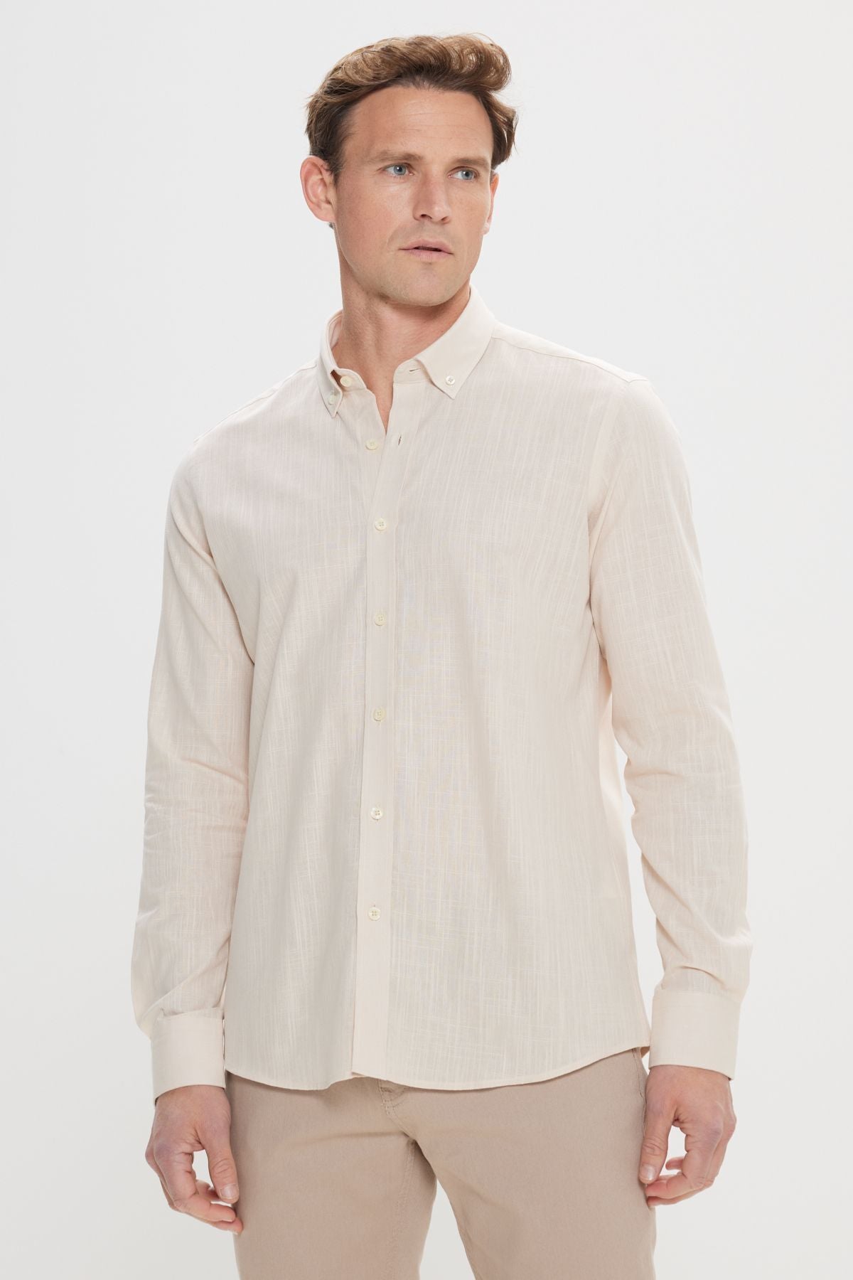 Men's Beige 100 %Cotton Breathing Fabric Flamle Oxford Slim Fit Fit Narrow Cutting Buttoned Neck Shirt