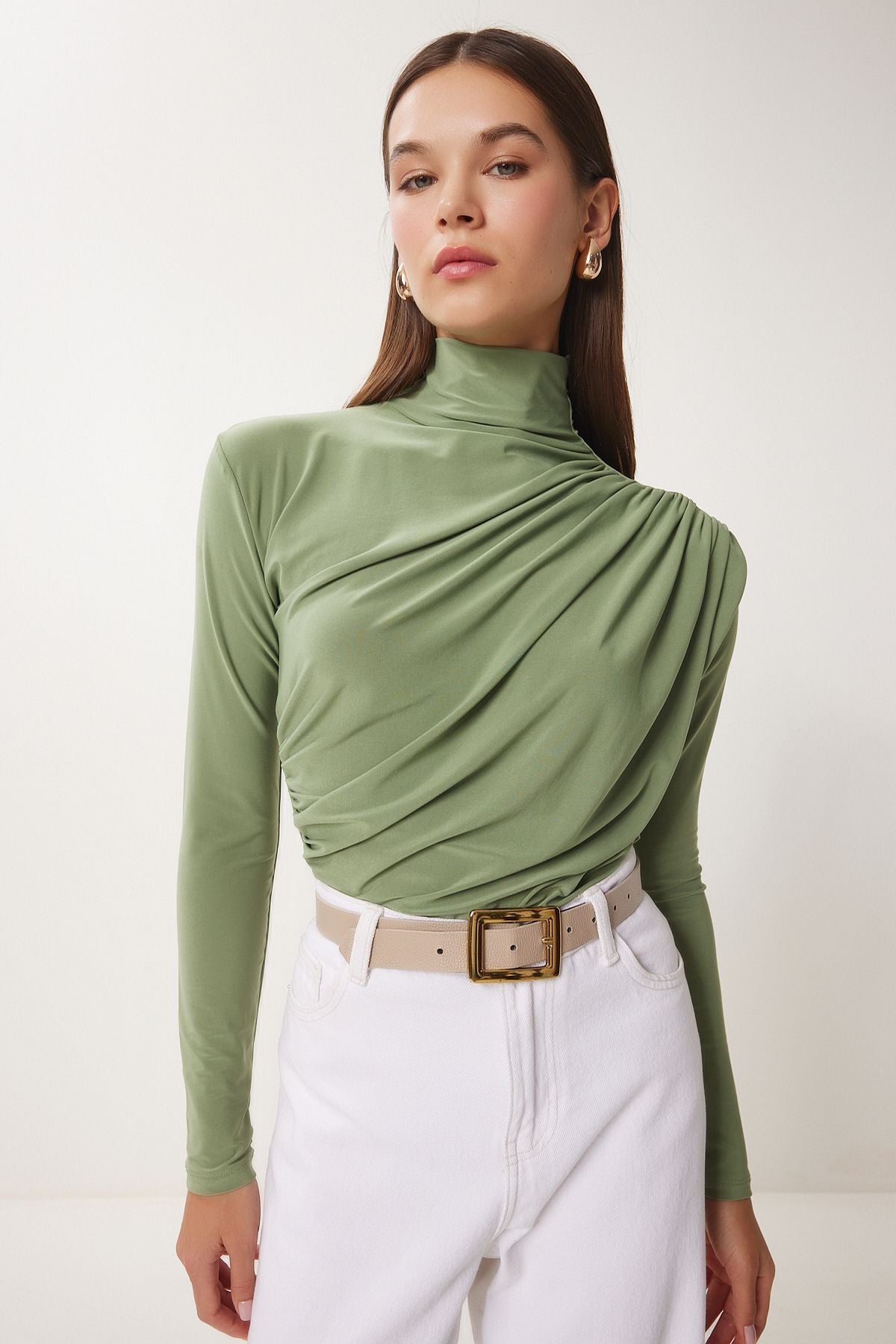 Women's Cagla Green Shirring Detailed Sandy Blouse FF00135