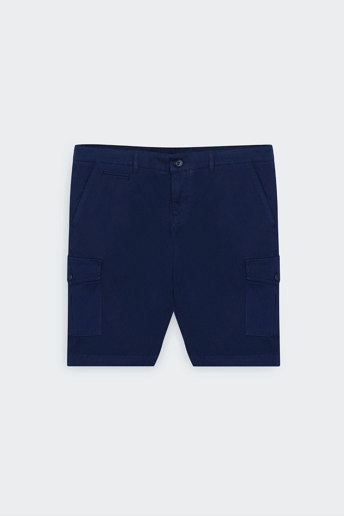 Men's navy blue slim fit narrow cut cotton flexible side pocket shorts