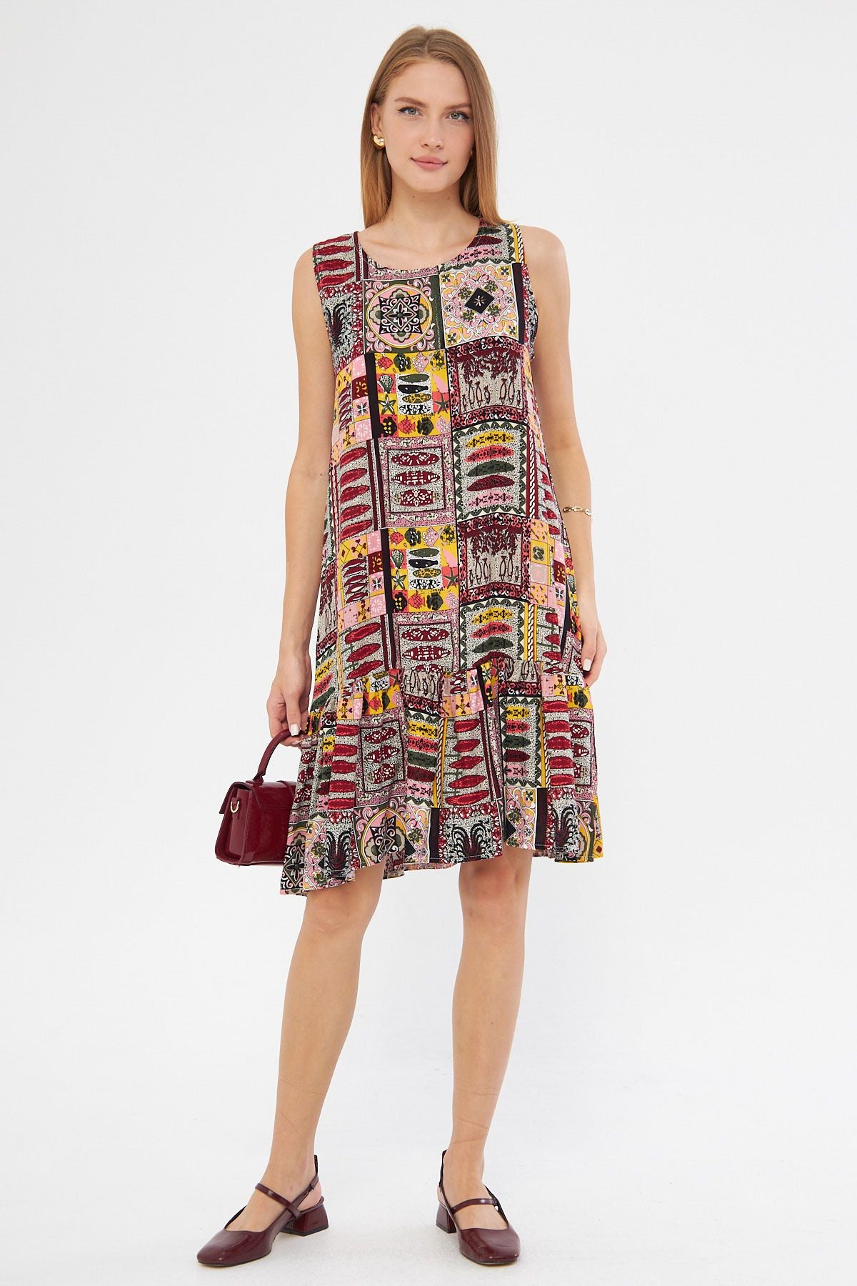 Woman Dark Bordeaux Patterned Sleeveless Skirt Ruffed Dress ARM-22K001142