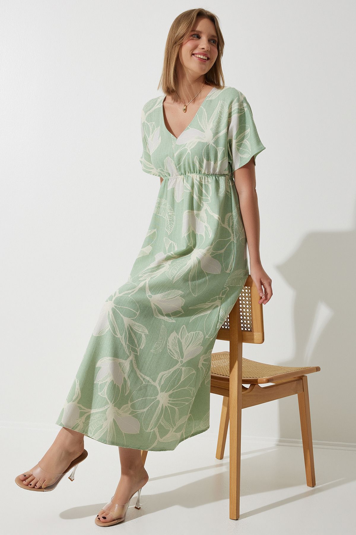 Women's Cagla Green Tropic Patterned Summer Raw Linen Dress BP00156