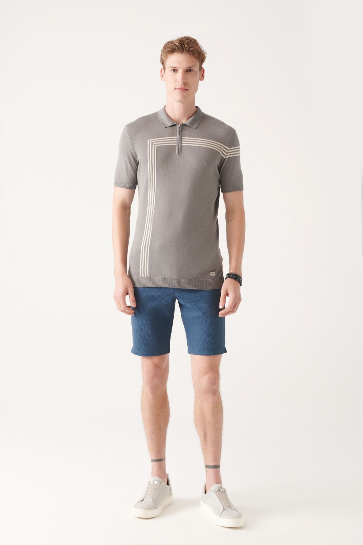 Men's Gray Zipper Line Detailed Polo Yaka Triko T-Shirt A31y5127