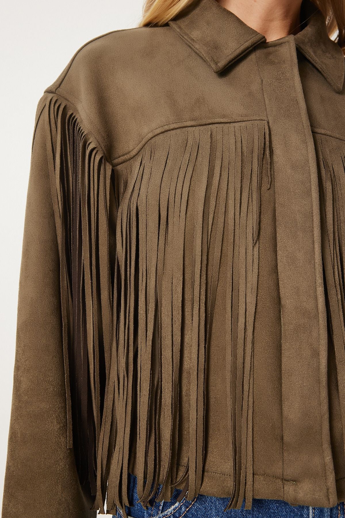 Female Khaki shirt collar tassel suede jacket DP00222