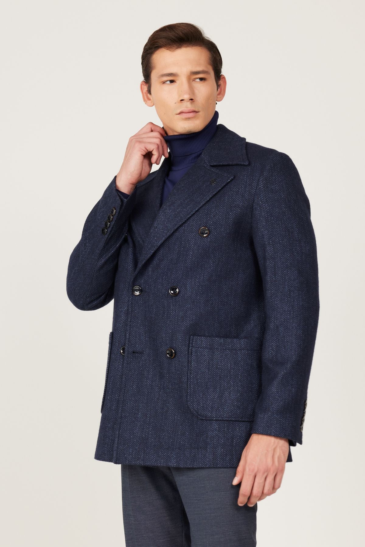 Men's navy blue standard fit normal cutting mono collar patterned coat