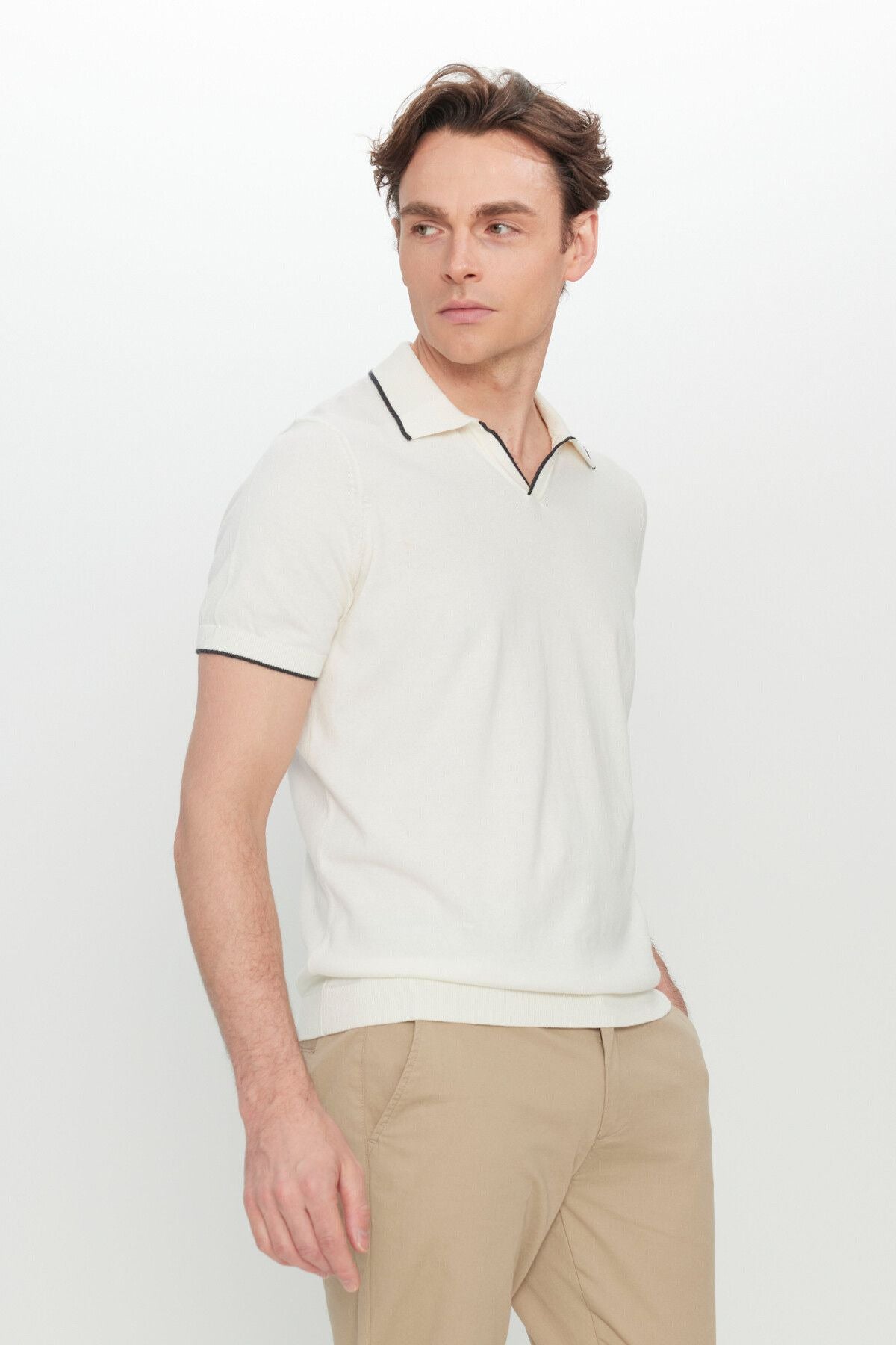 Men's Ecru 100 %Cotton Standard Fit Normal Cut Polico Triko T -shirt