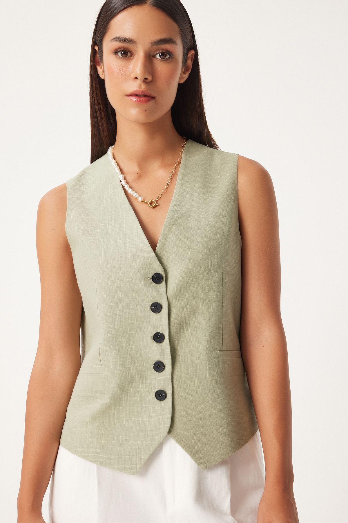 Female Cagla Green Button Closed Linen Vest DP00207