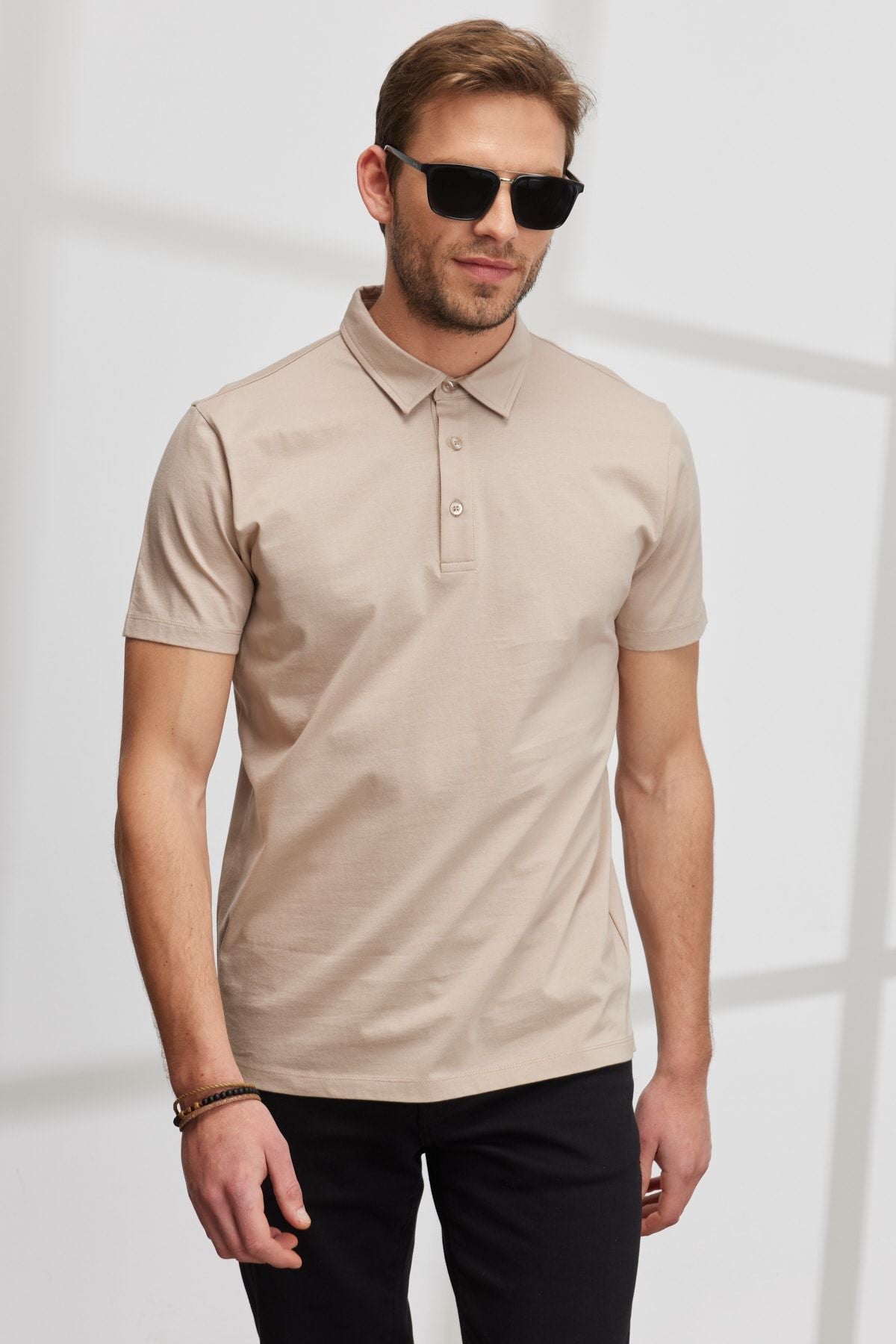 Men's beige slim fit narrow cut polo collar 100 %cotton T -shirt