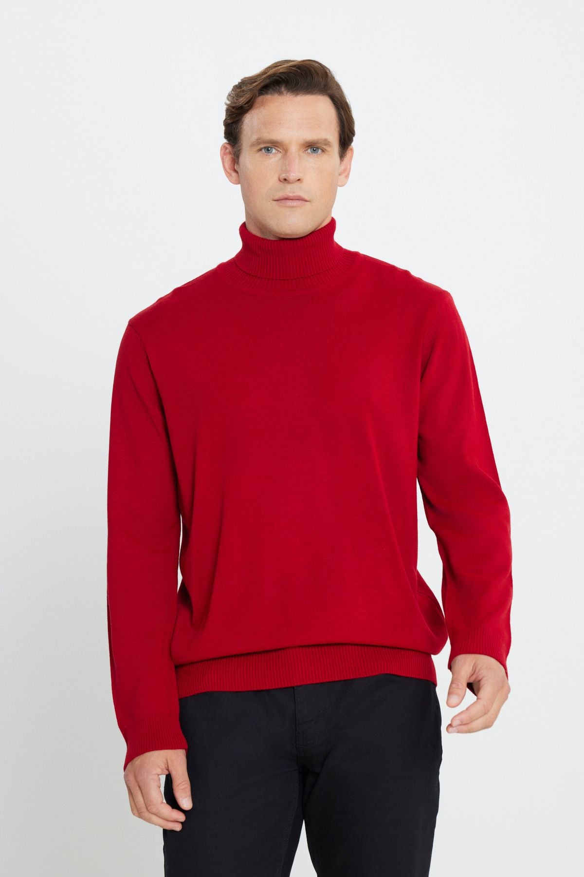 Men's Red Standard Fit Normal Cutting Full Fisherman Yaka Knitwear Sweater