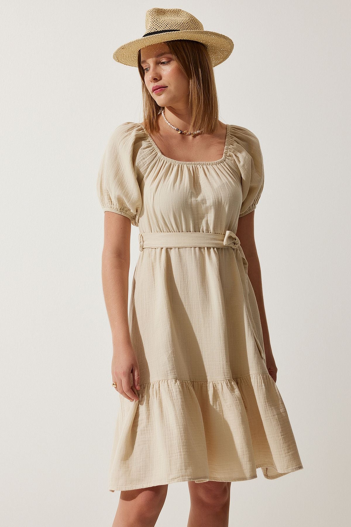 Women's Cream Carmen collar belt cottage Muslin dress MX00157