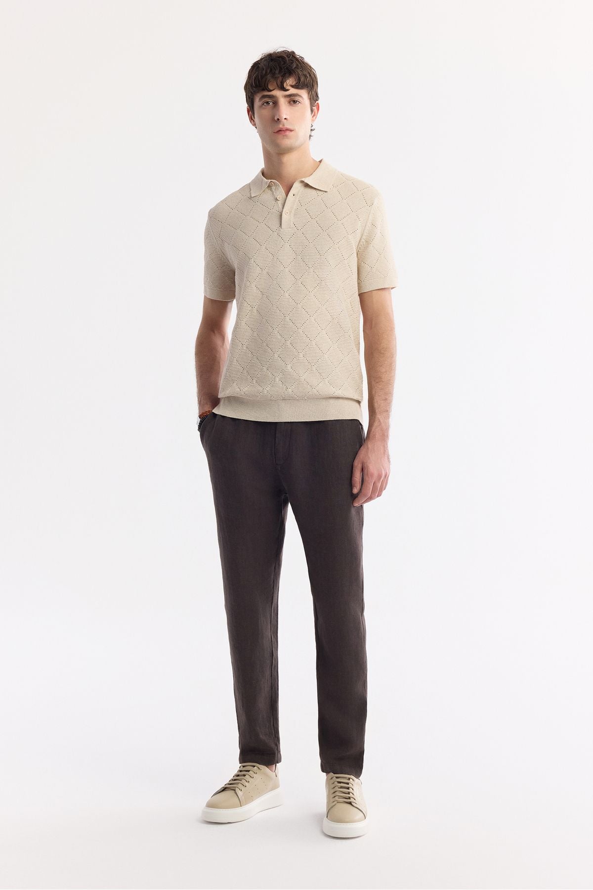 Men's Beige Polo Yaka Jacquard Bouquet Yarn Triko T-Shirt A51Y5040