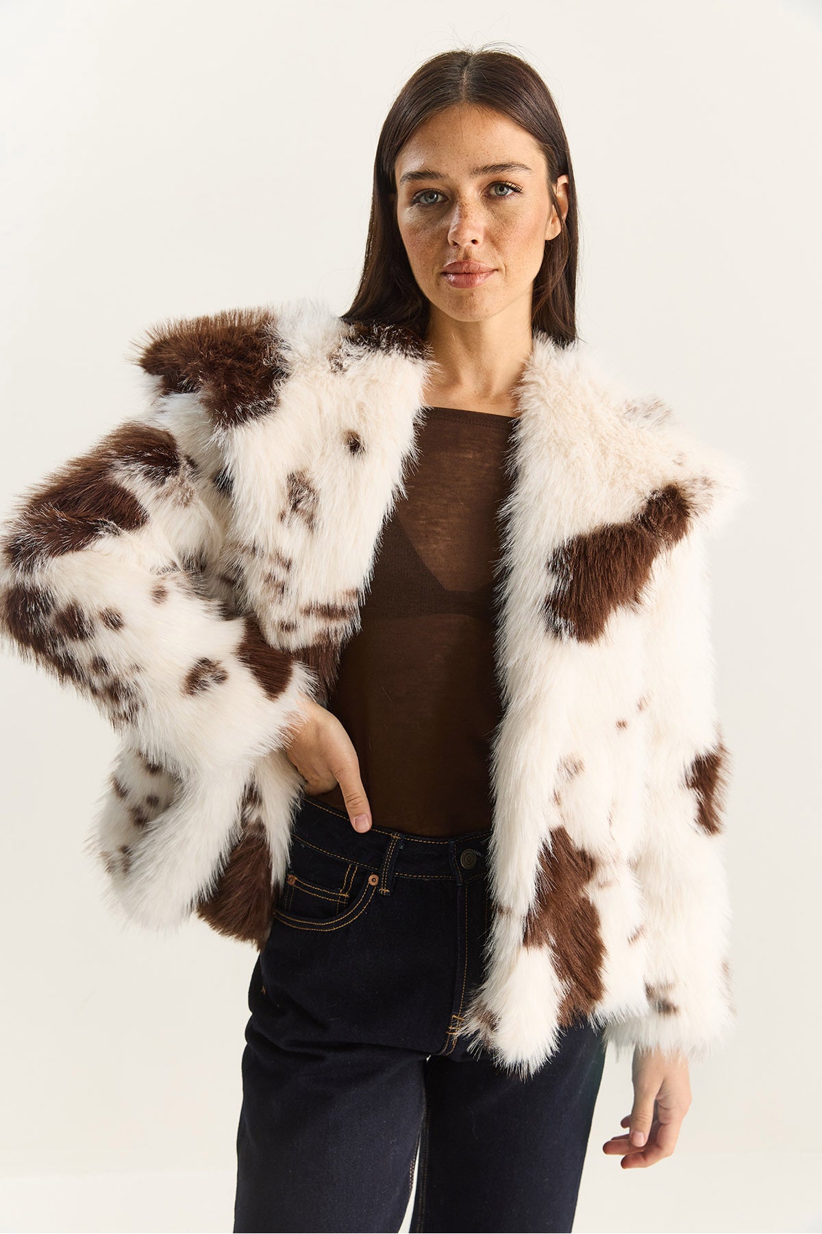 Women's Cow Pattern Lined Faux Fur Jacket 3489 60283866