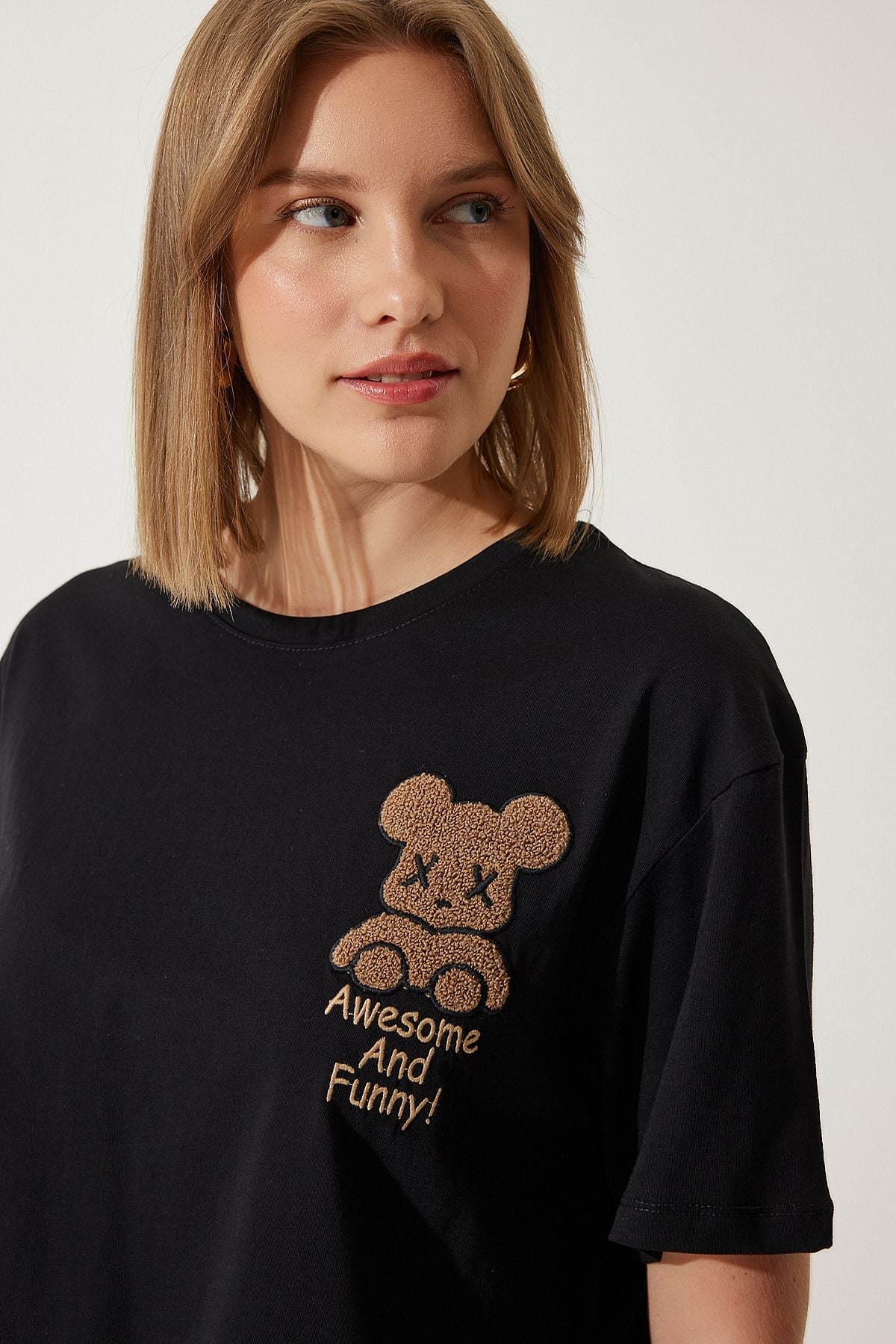 WOMEN BLACK TENIC CALL CROP knitting T-shirt HF00455