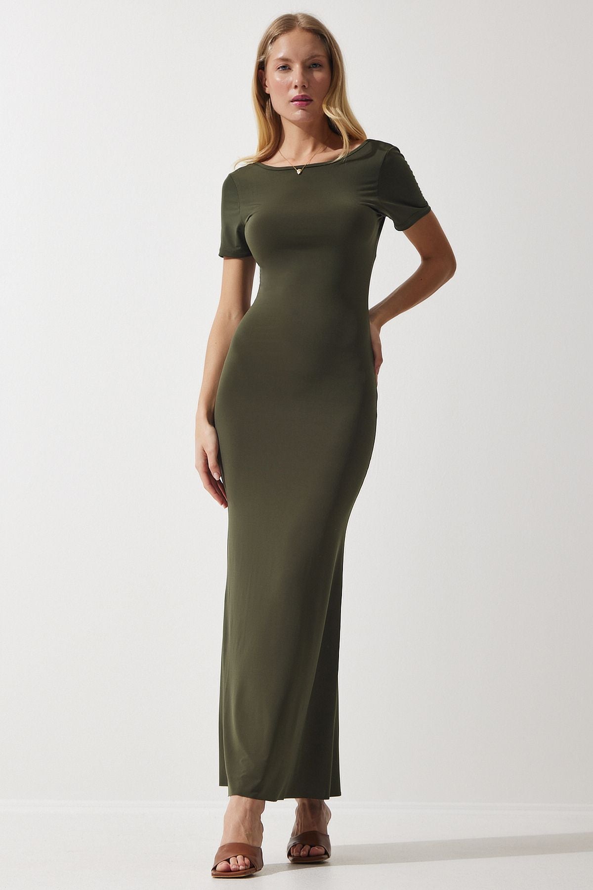 Woman Khaki Back Long Sandy Knitting Dress DZ00115