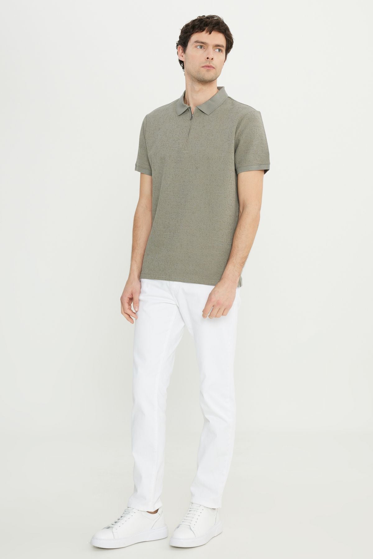 Men's Khaki Cotton Slim Fit Narrow Cut Zippered Flexible T -shirt with Jacquard