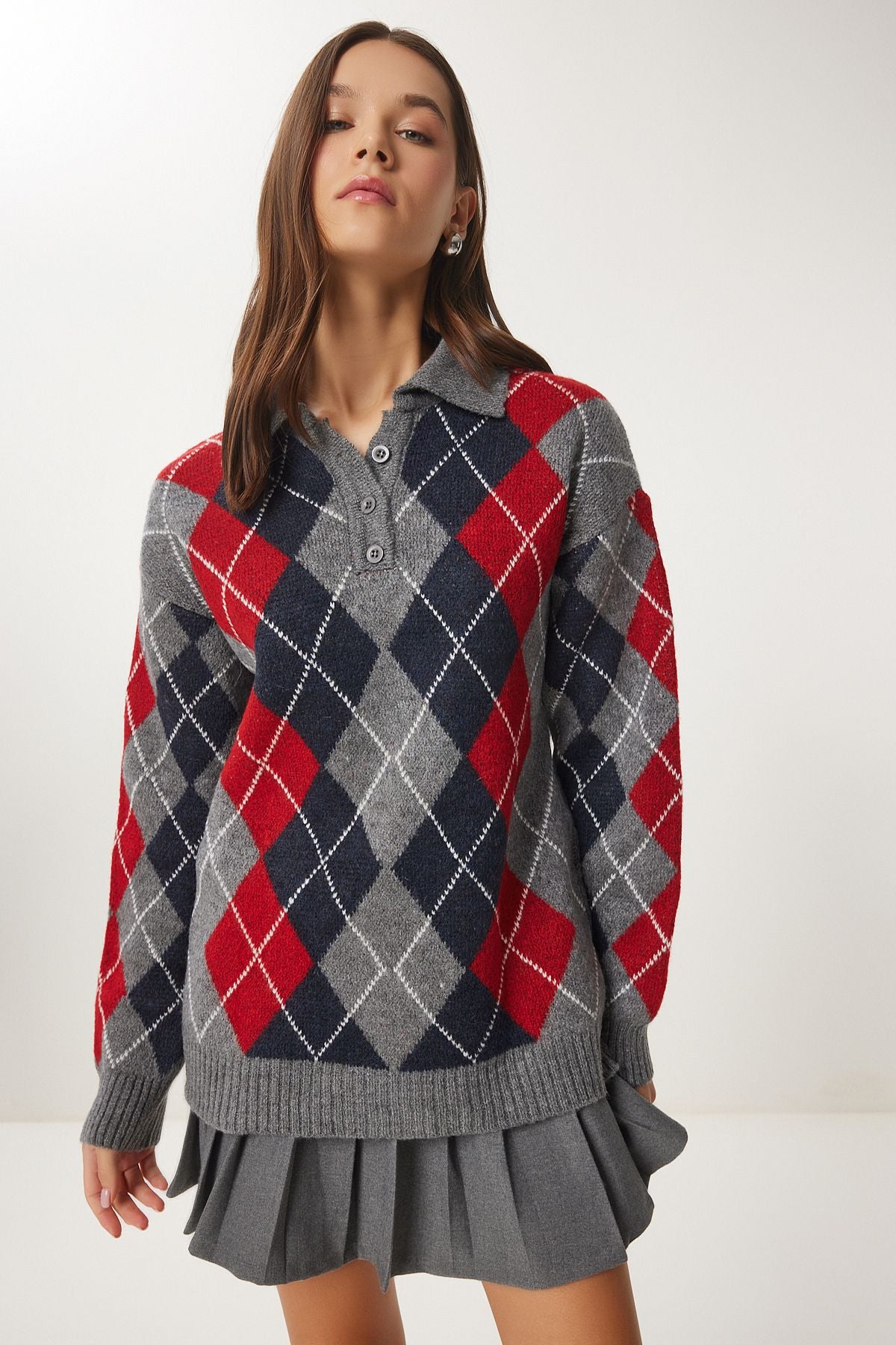 Women's Gray Red Baklava Patterned Knitwear Sweater FN03447